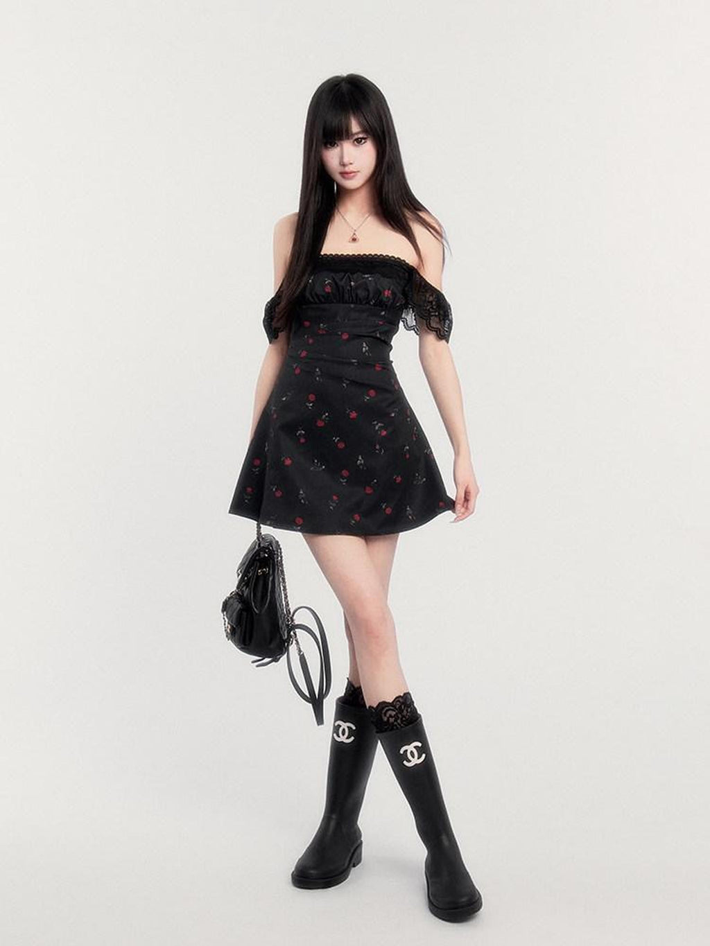 VOCK Lace Rose Floral Square Neck High Waist Puff Sleeve Women's Casual Mini Dresses