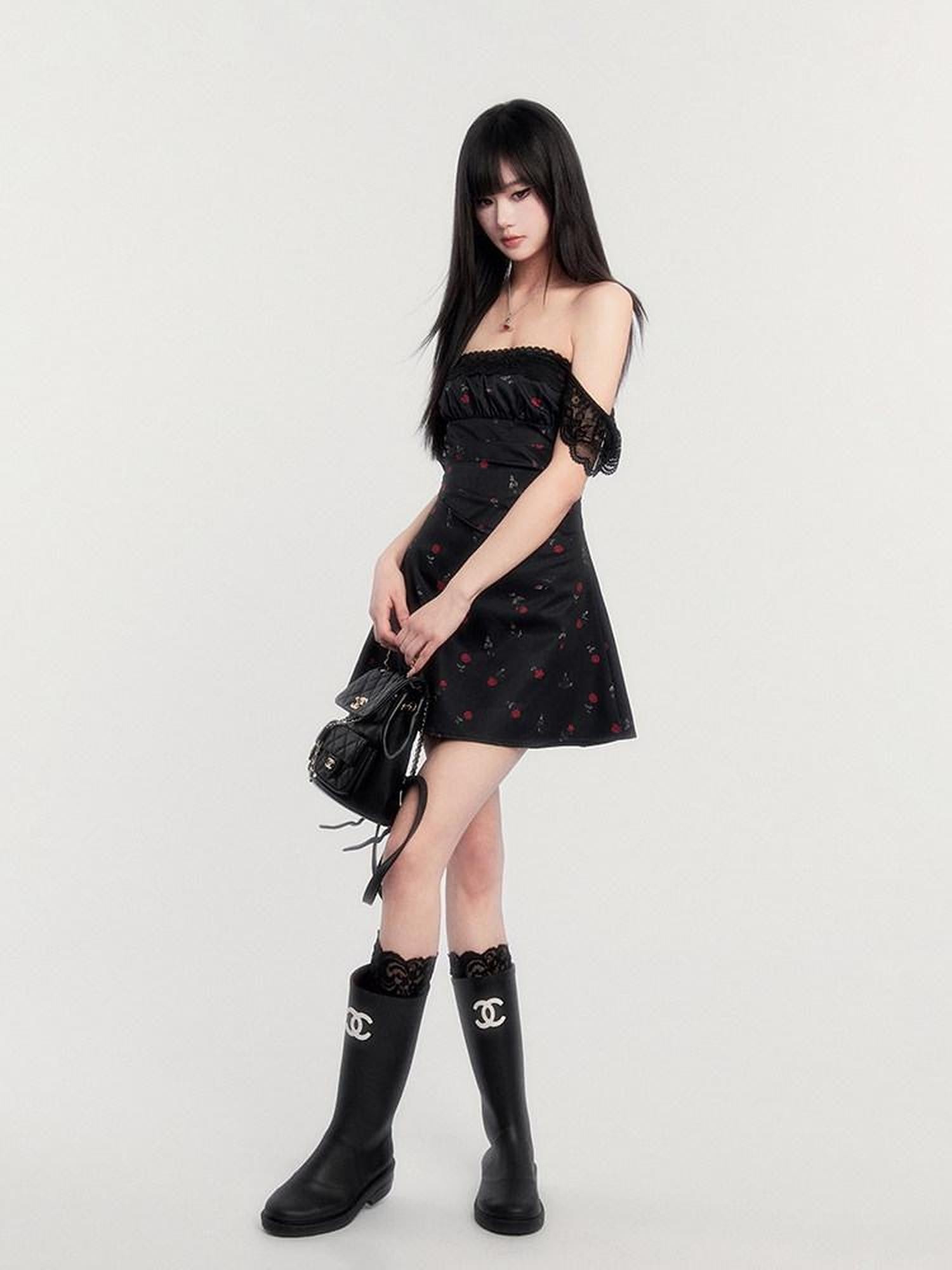VOCK Lace Rose Floral Square Neck High Waist Puff Sleeve Women's Casual Mini Dresses