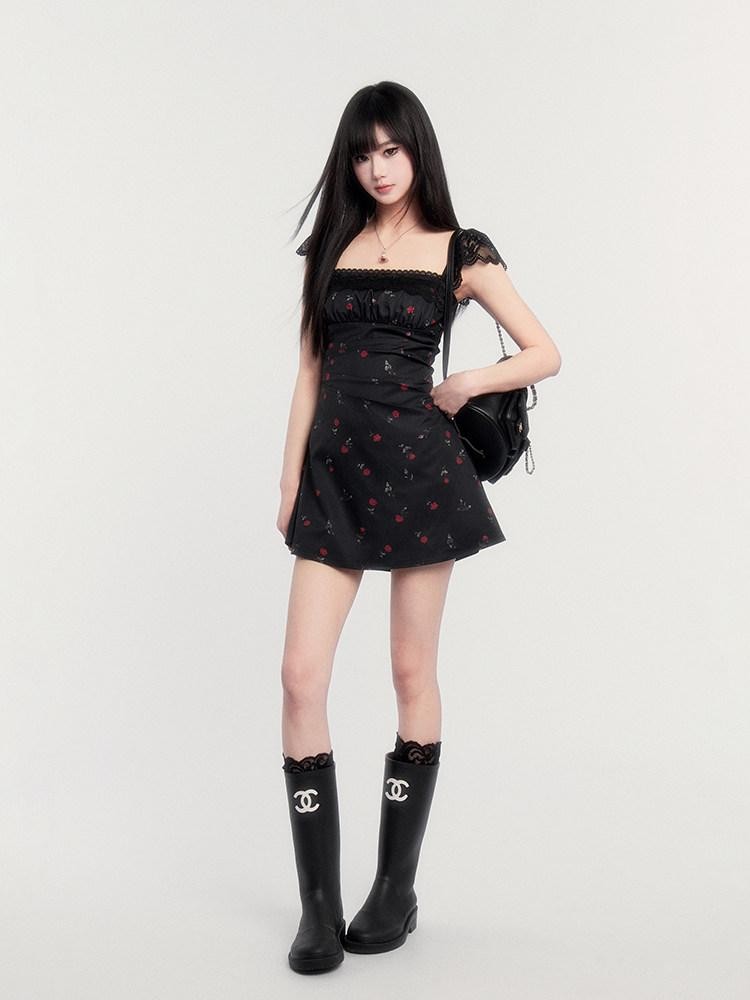VOCK Lace Rose Floral Square Neck High Waist Puff Sleeve Women's Casual Mini Dresses