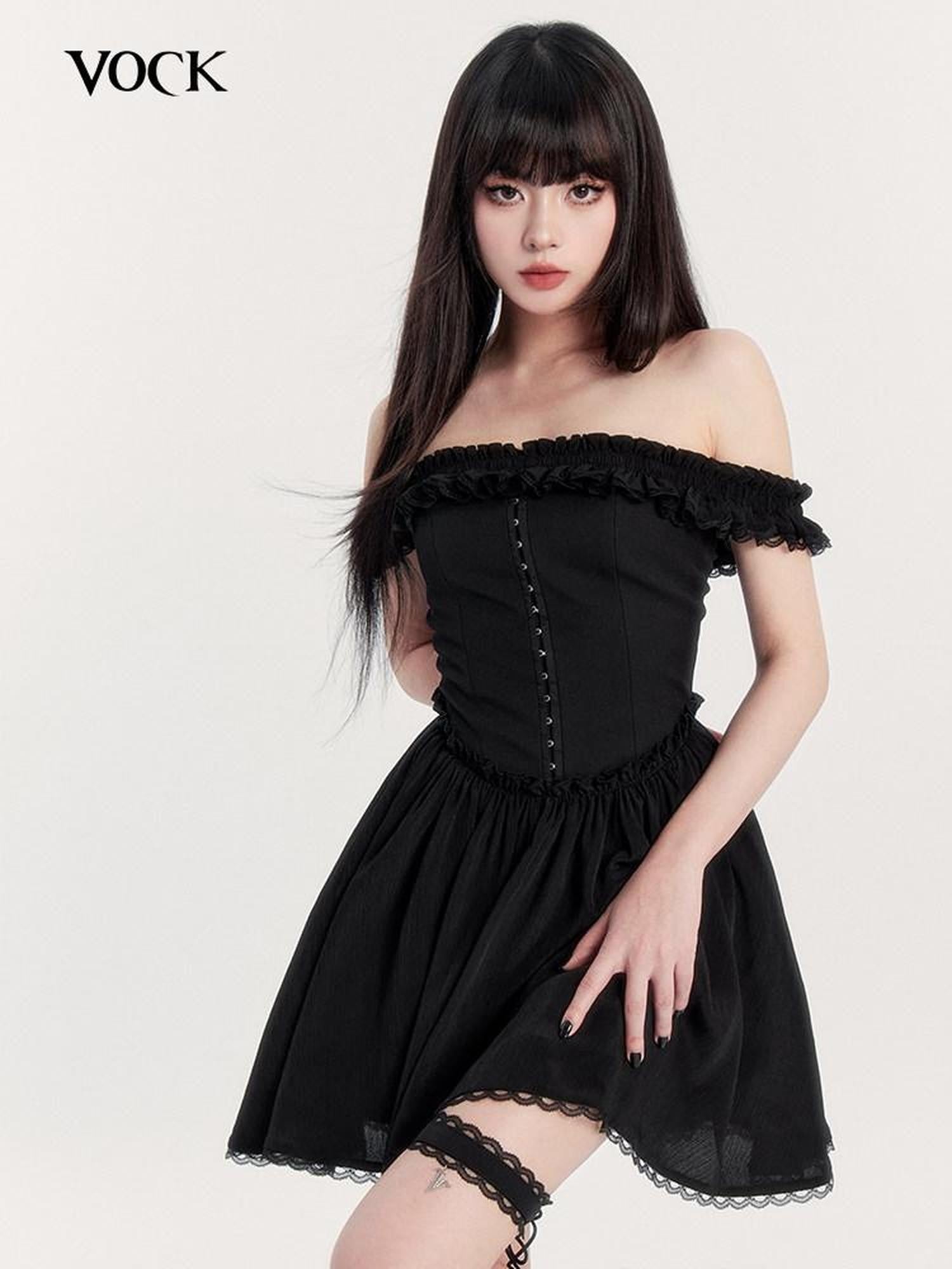 VOCK Lace Ruched Square Neck High Waist A Line Women's Polyester Tube Mini Dresses