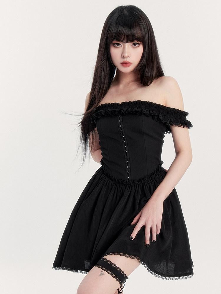 VOCK Lace Ruched Square Neck High Waist A Line Women's Polyester Tube Mini Dresses