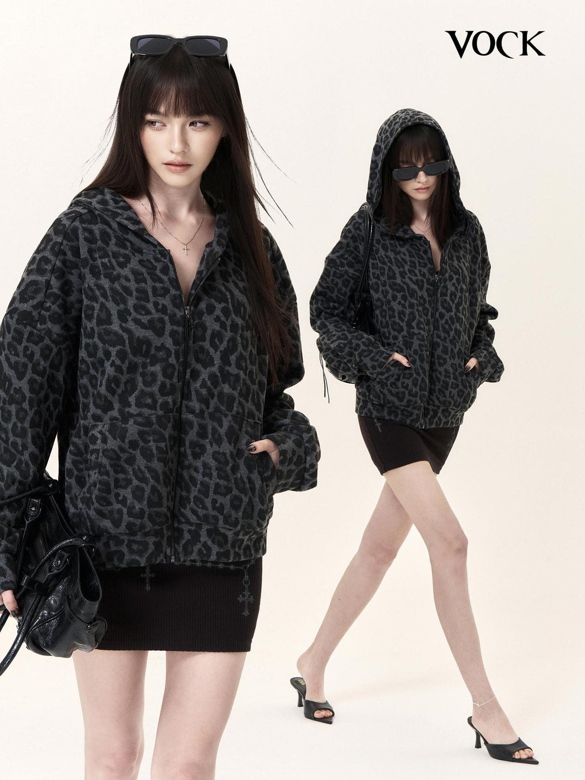 VOCK Leopard Print Loose Fit Long Sleeve Women's Zip-up Hoodies