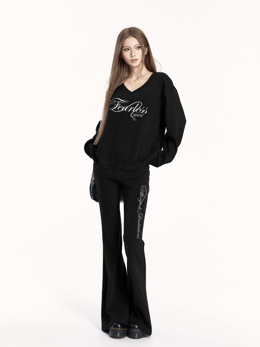 VOCK_Letter_Print_V-neck_Flared_Pants_Relaxed_Women's_Brushed_Tracksuit_Sets_996047721661_MISSTT