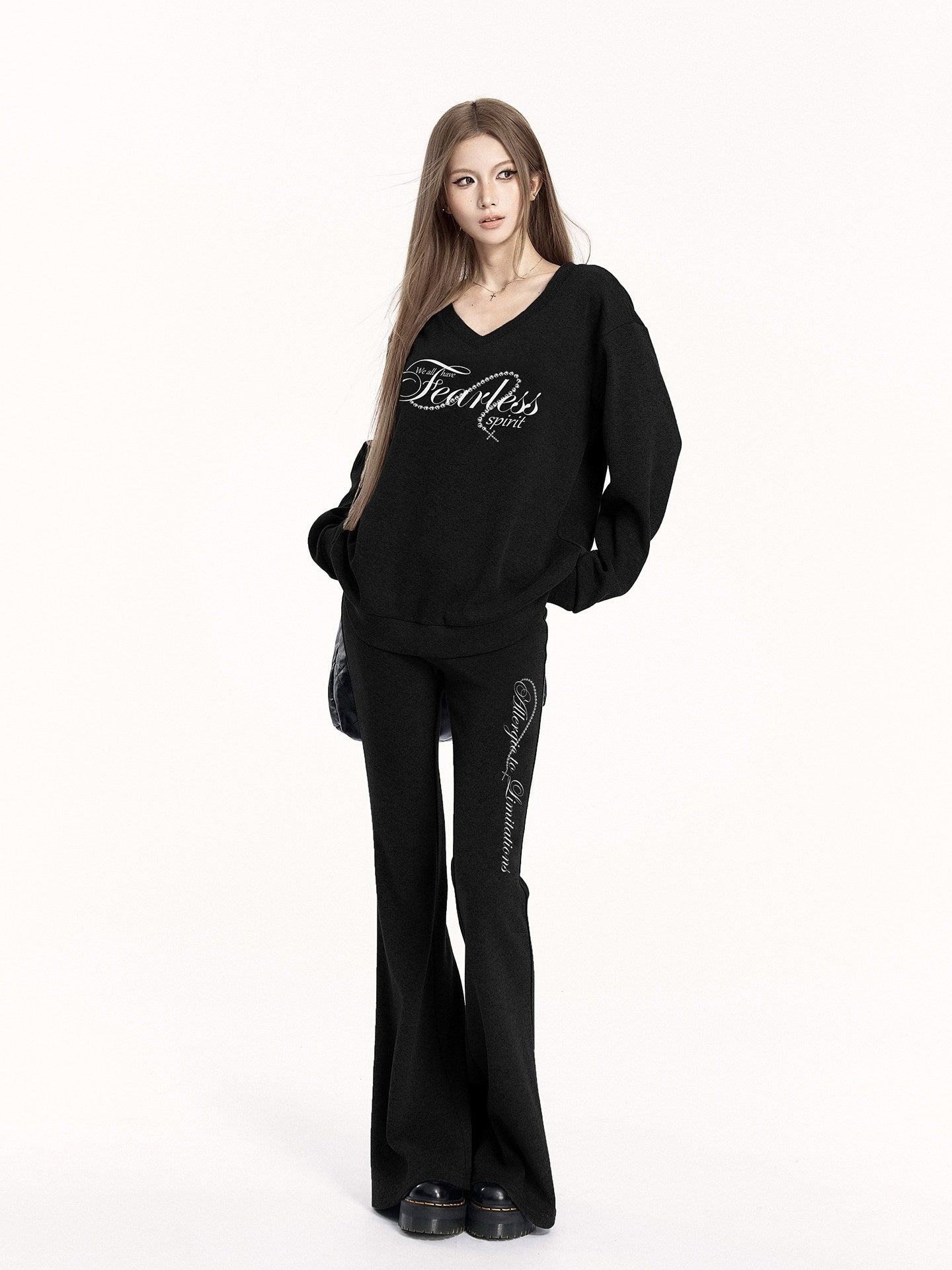 VOCK_Letter_Print_V-neck_Flared_Pants_Relaxed_Women's_Brushed_Tracksuit_Sets_996047721661_MISSTT