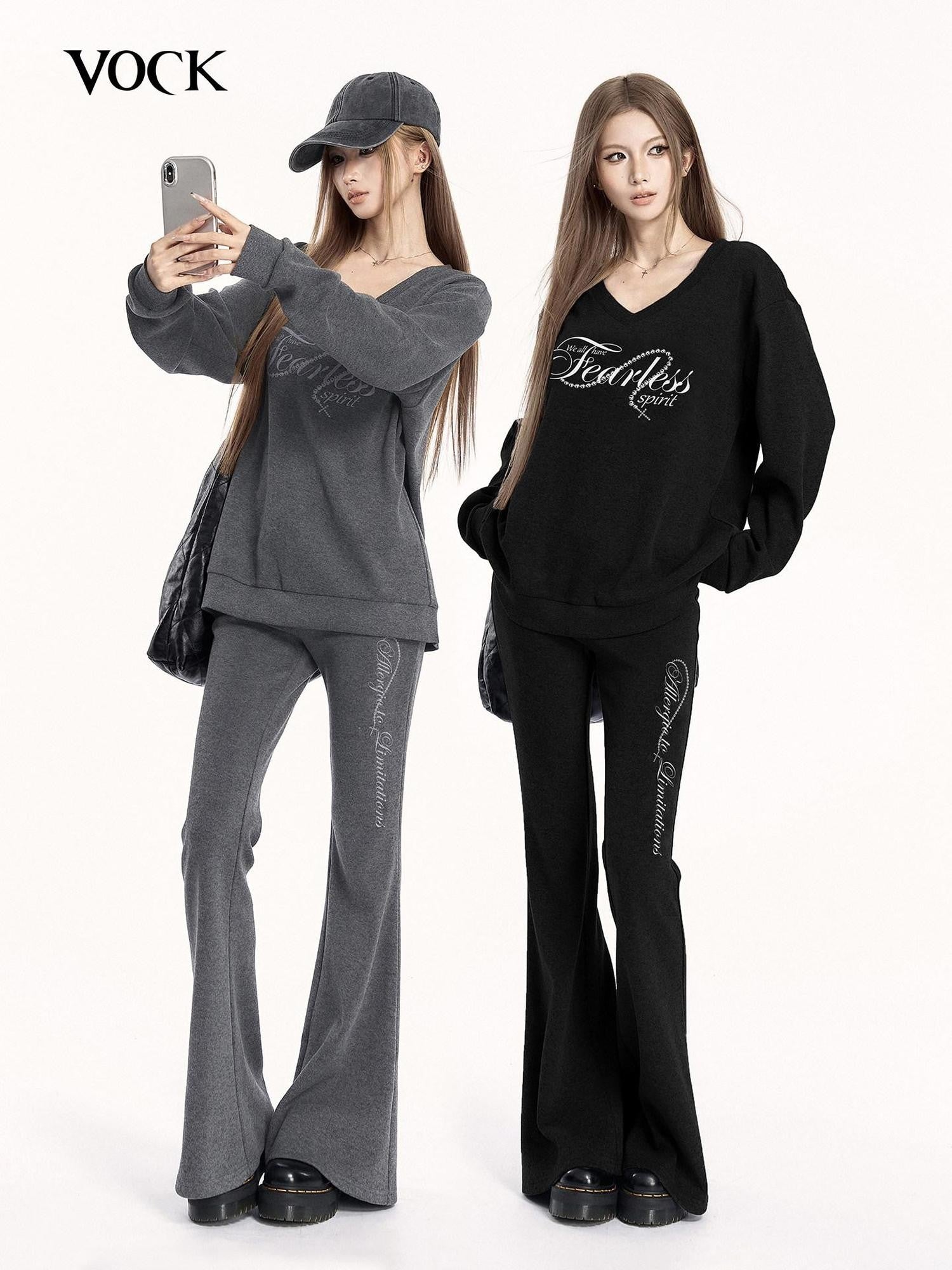 VOCK Letter Print V-neck Flared Pants Relaxed Women's Brushed Tracksuit Sets