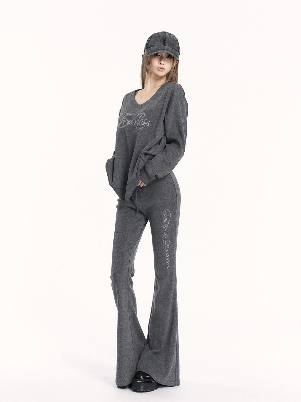 VOCK Letter Print V-neck Flared Pants Relaxed Women's Brushed Tracksuit Sets