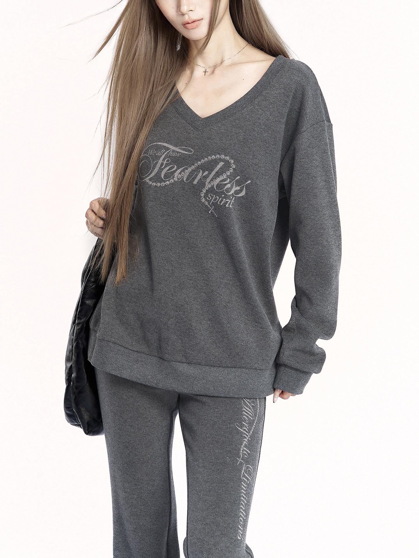 VOCK Letter Print V-neck Flared Pants Relaxed Women's Brushed Tracksuit Sets