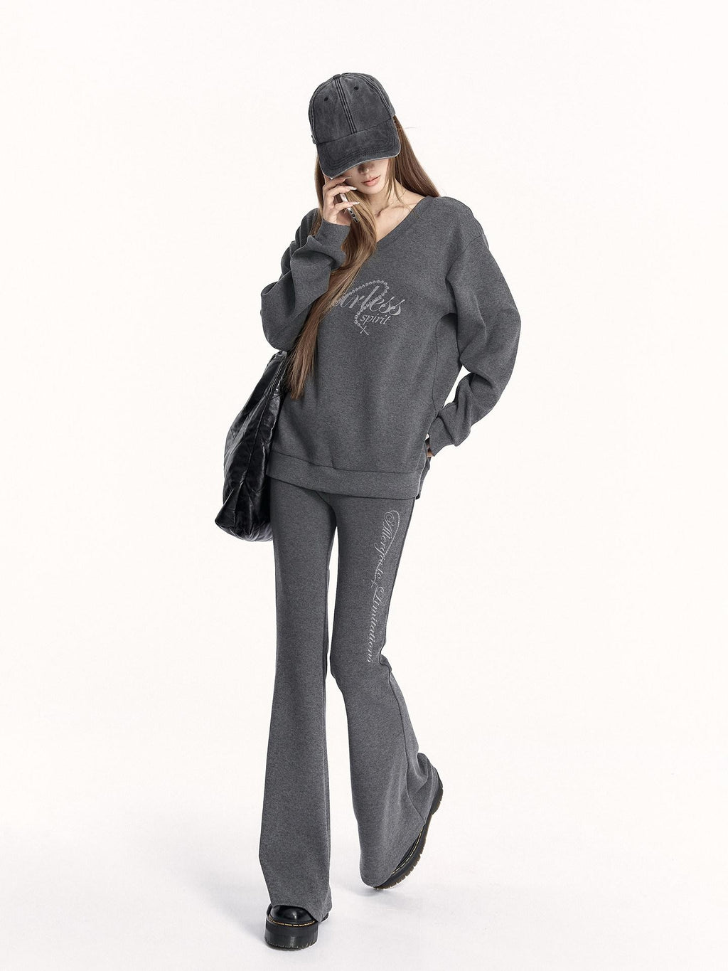 VOCK Letter Print V-neck Flared Pants Relaxed Women's Brushed Tracksuit Sets