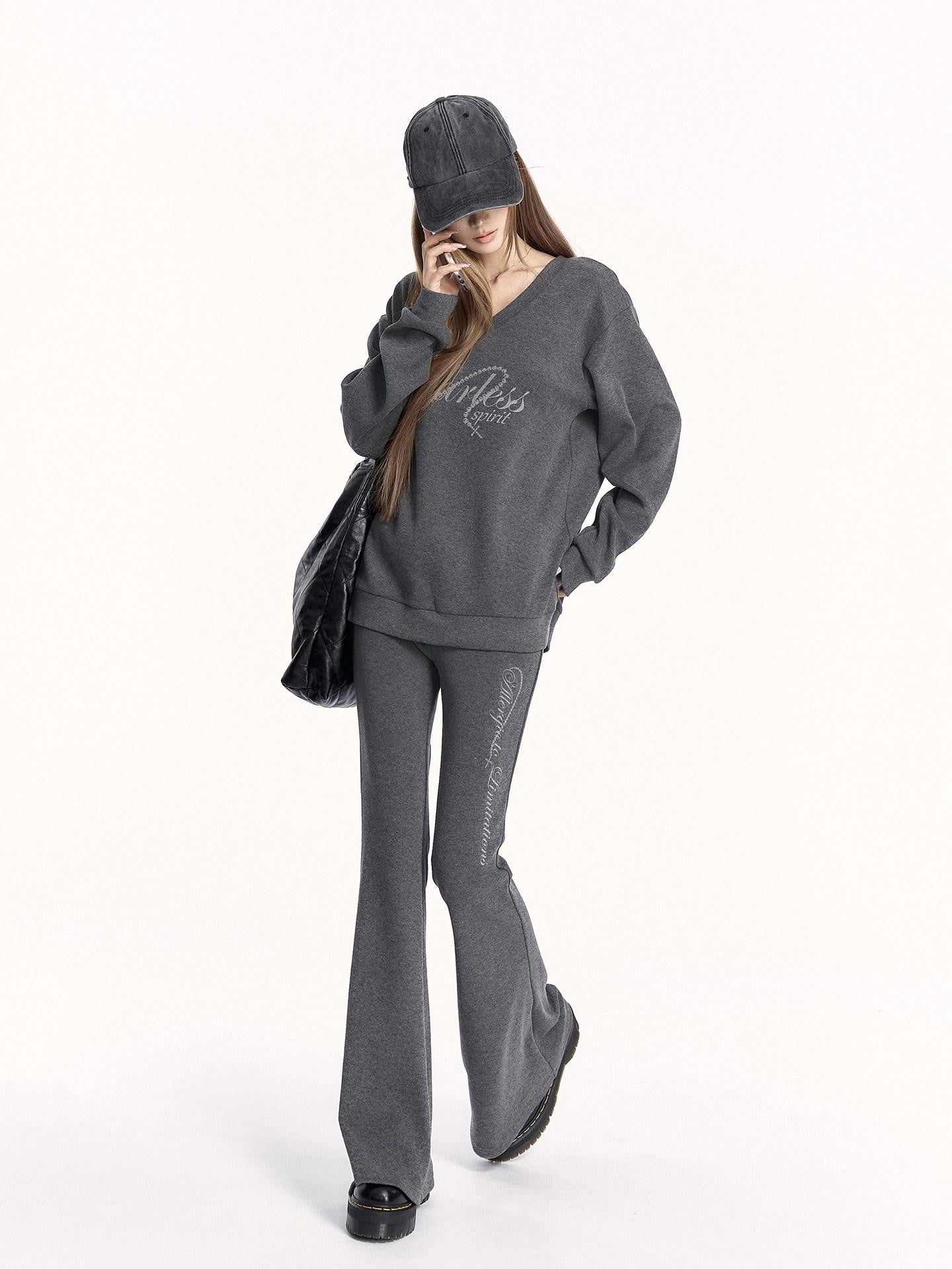 VOCK Letter Print V-neck Flared Pants Relaxed Women's Brushed Tracksuit Sets