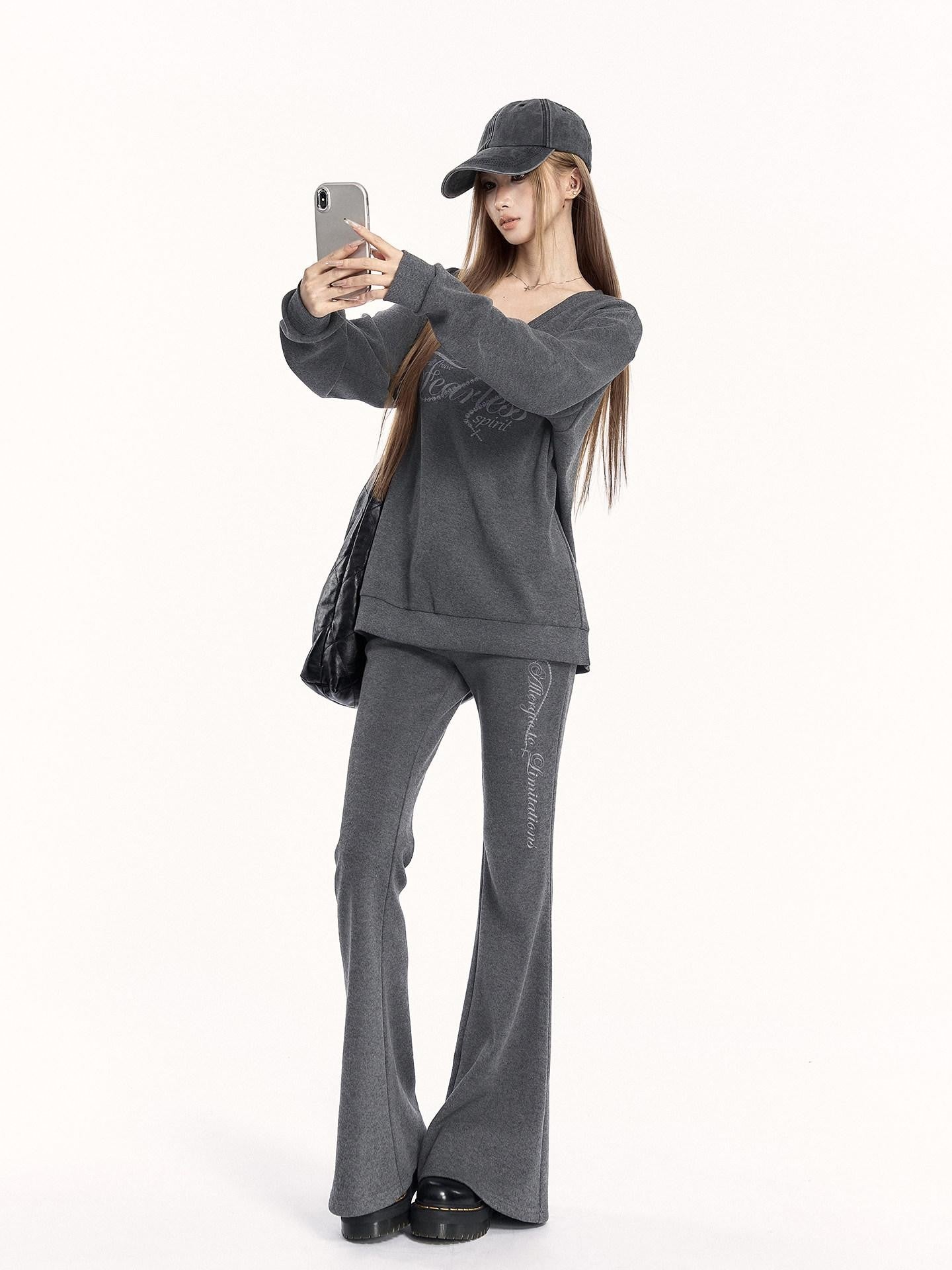VOCK Letter Print V-neck Flared Pants Relaxed Women's Brushed Tracksuit Sets