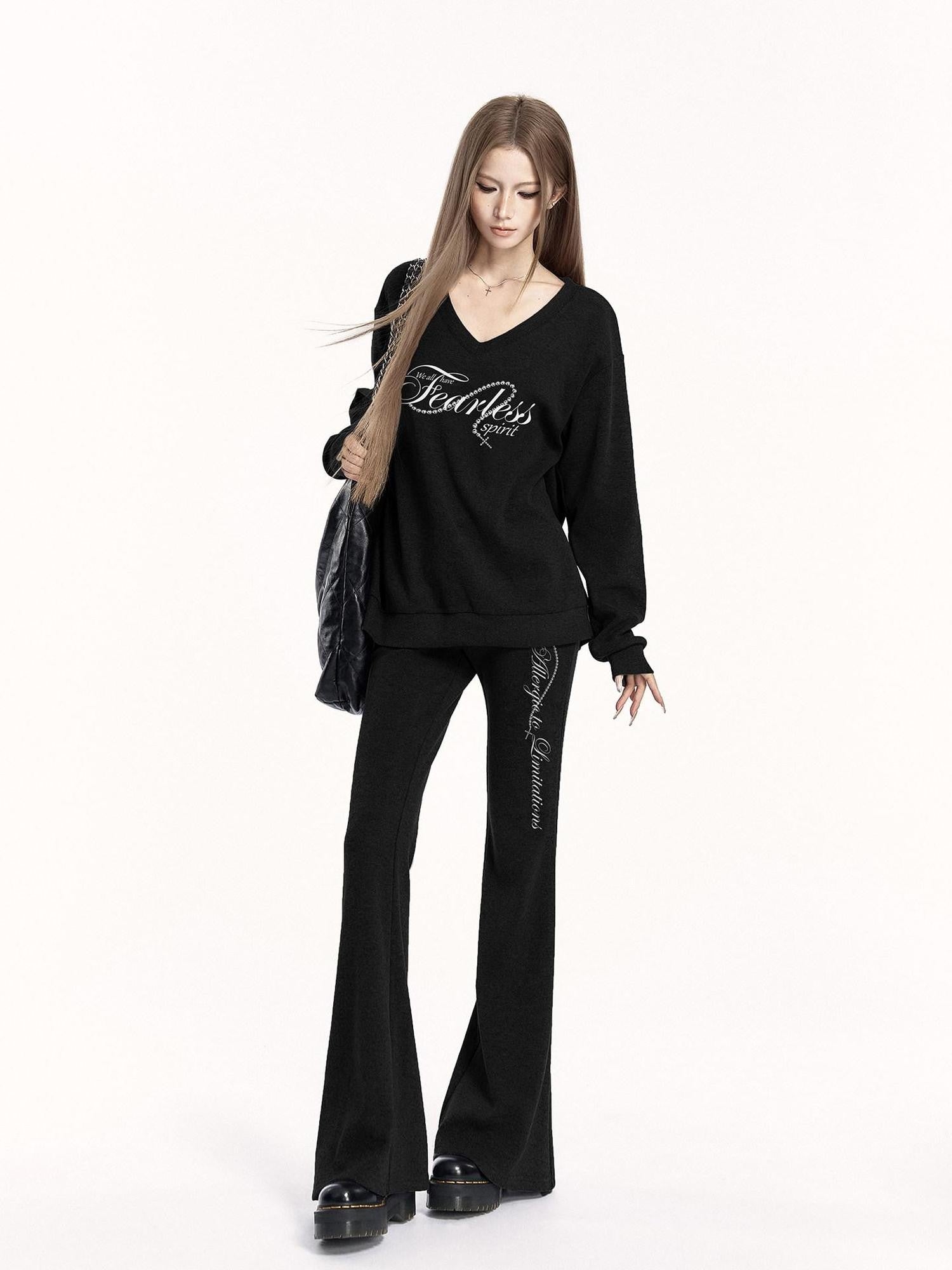 VOCK Letter Print V-neck Flared Pants Relaxed Women's Brushed Tracksuit Sets