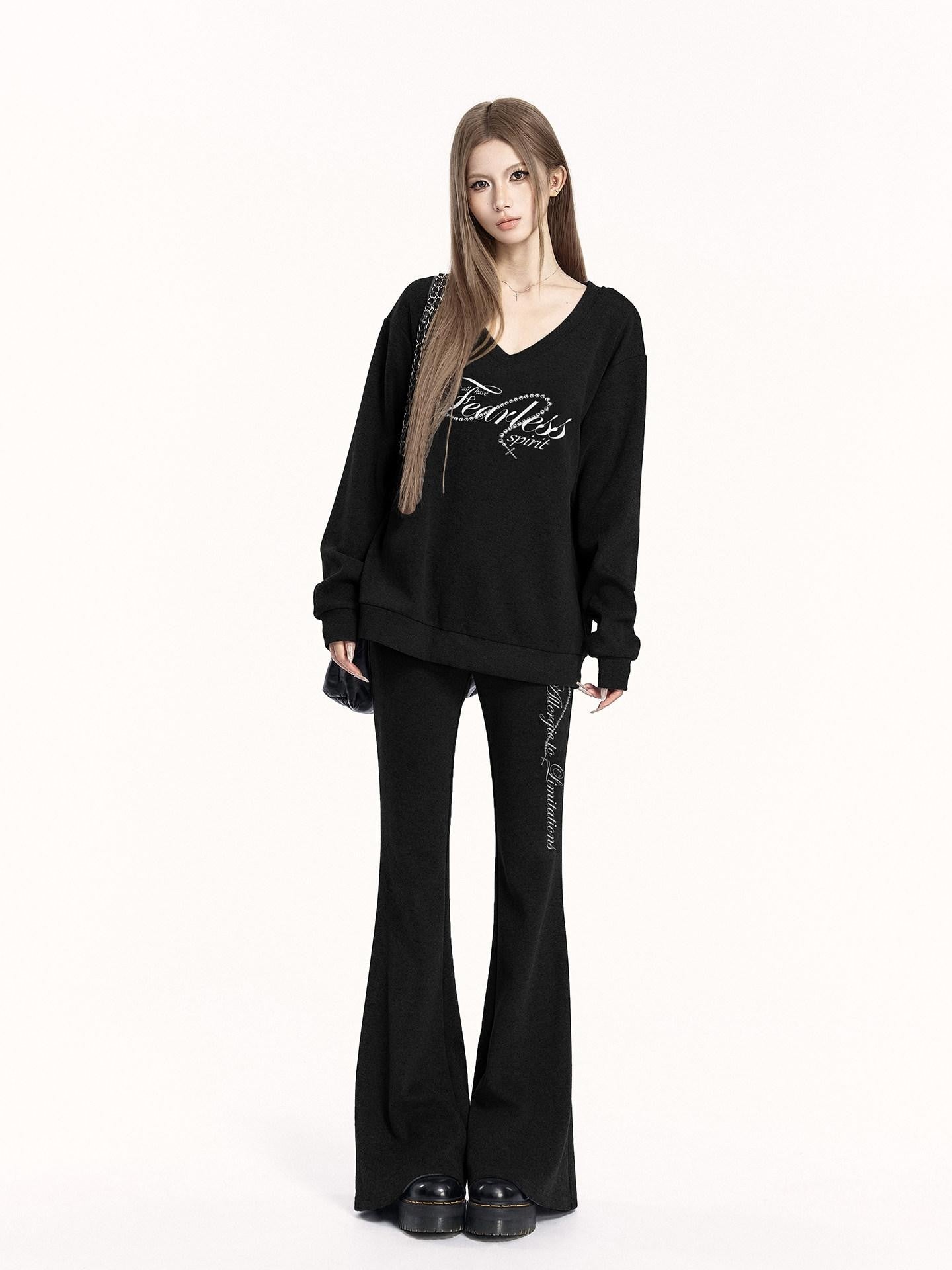 VOCK Letter Print V-neck Flared Pants Relaxed Women's Brushed Tracksuit Sets