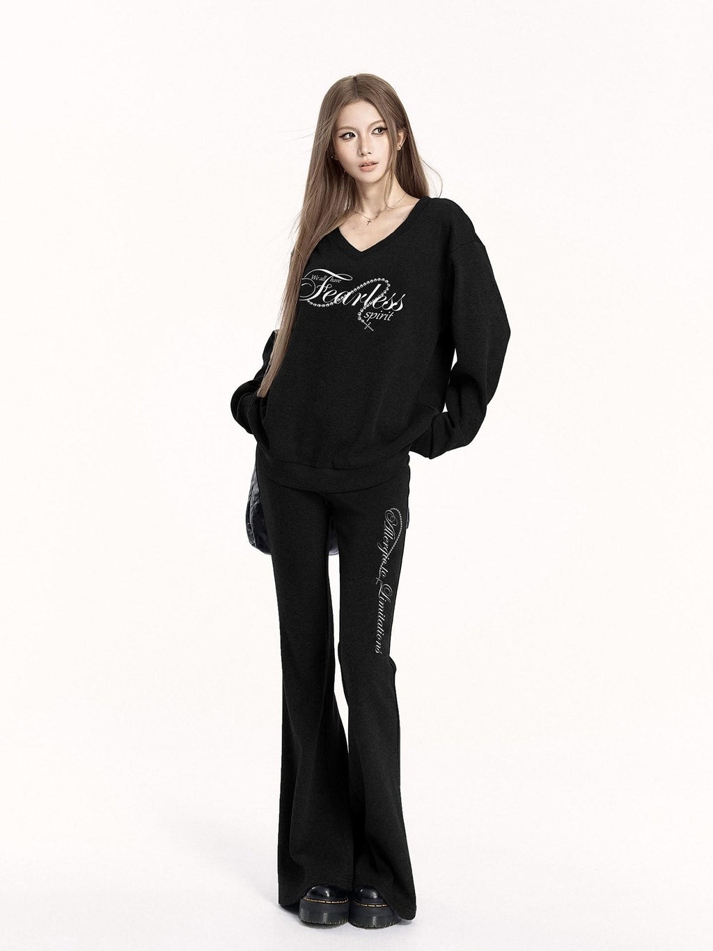 VOCK Letter Print V-neck Flared Pants Relaxed Women's Brushed Tracksuit Sets