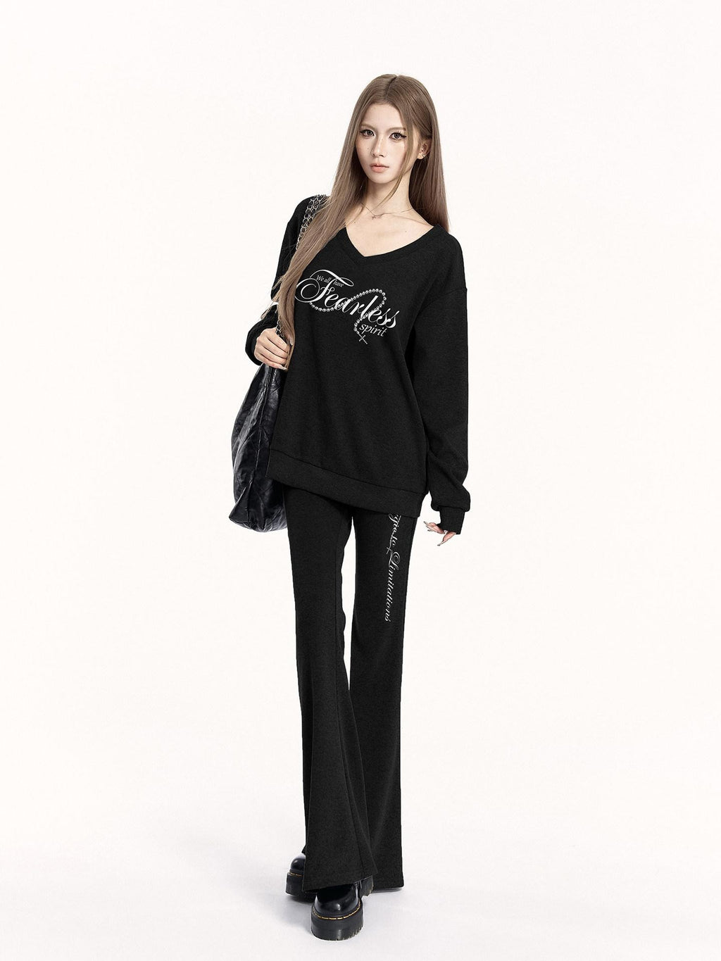 VOCK Letter Print V-neck Flared Pants Relaxed Women's Brushed Tracksuit Sets