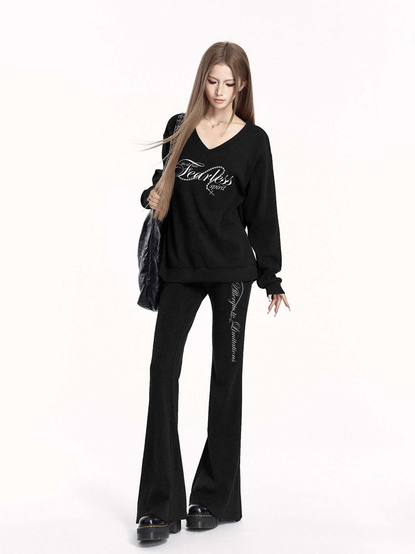 VOCK Letter Print V-neck Flared Pants Relaxed Women's Brushed Tracksuit Sets