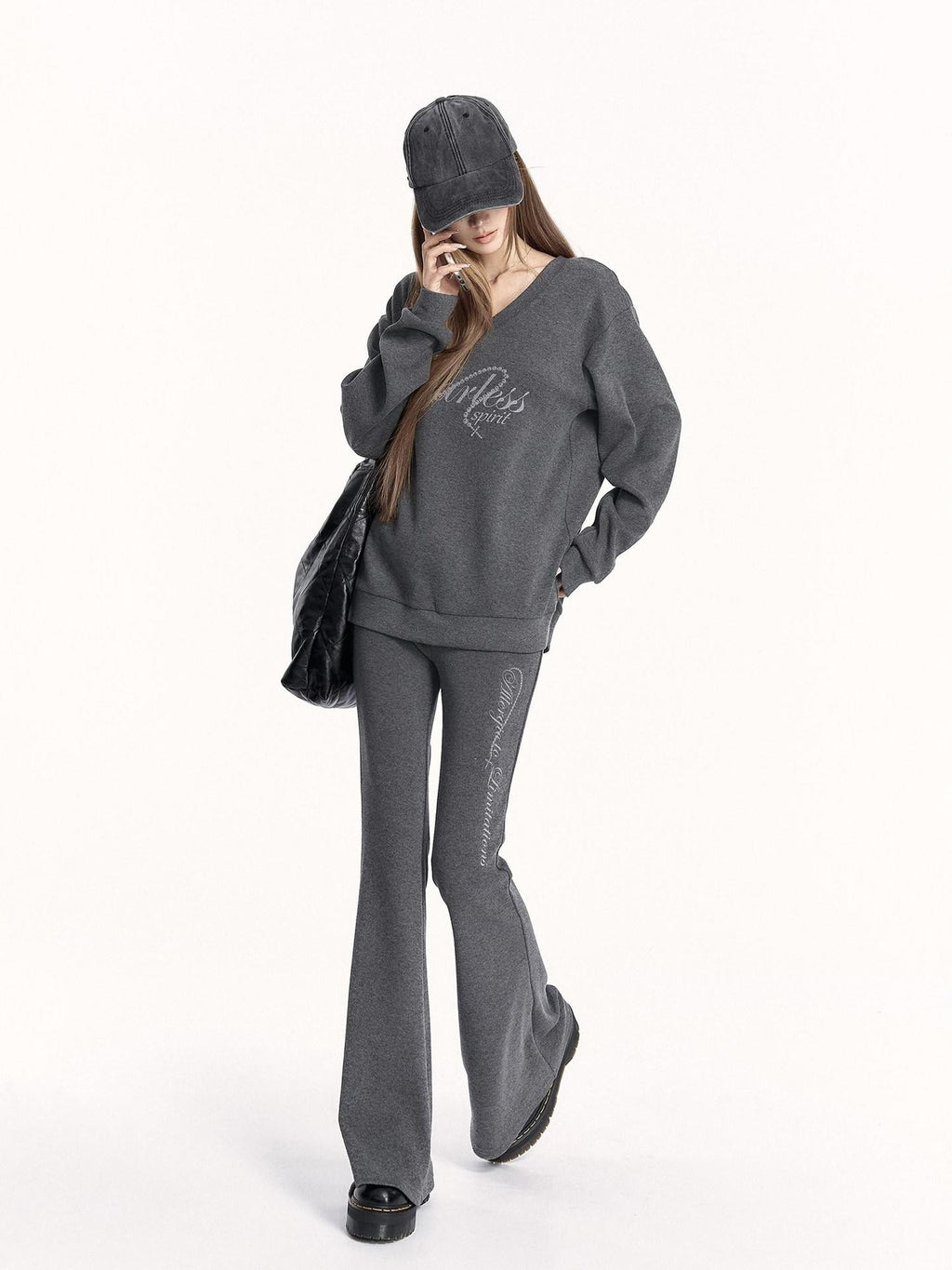 VOCK Letter Print V-neck Flared Pants Relaxed Women's Brushed Tracksuit Sets
