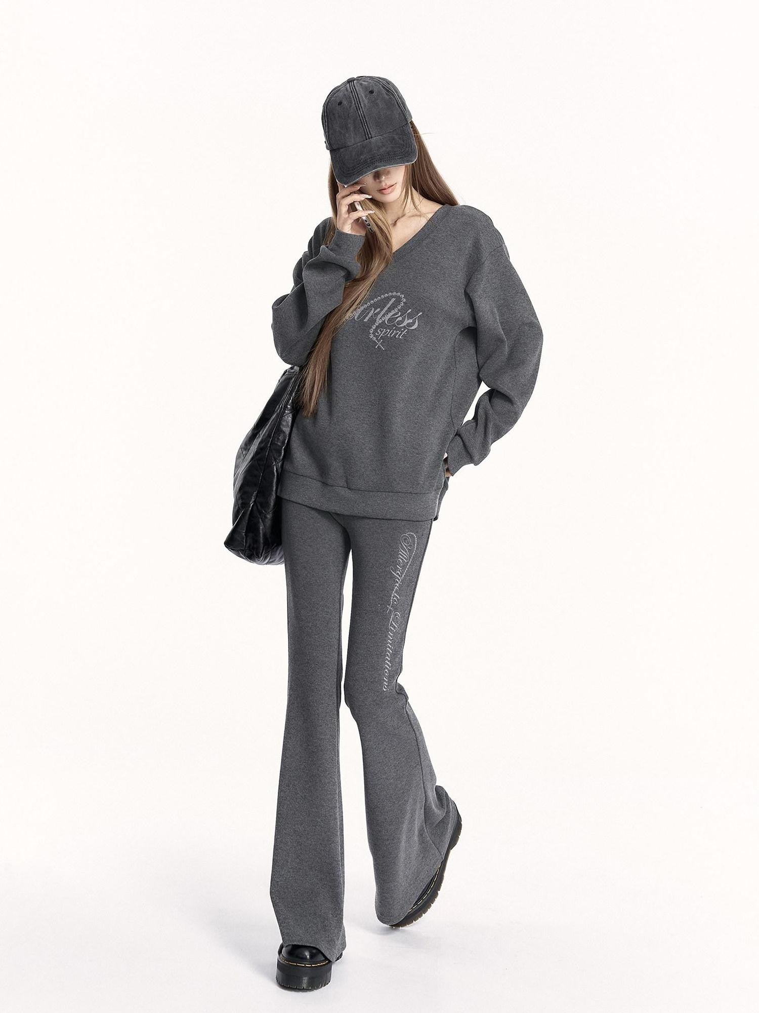 VOCK Letter Print V-neck Flared Pants Relaxed Women's Brushed Tracksuit Sets