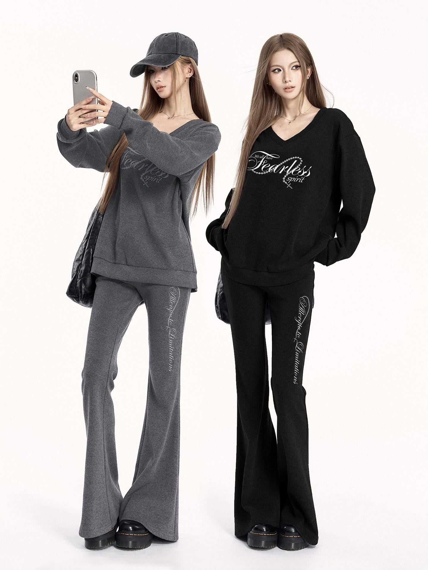 VOCK Letter Print V-neck Flared Pants Relaxed Women's Brushed Tracksuit Sets