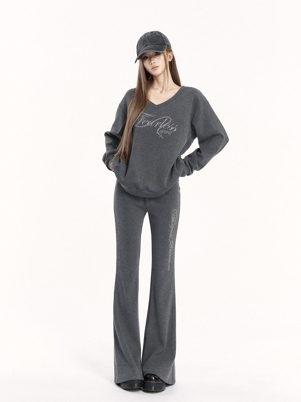 VOCK Letter Print V-neck Flared Pants Relaxed Women's Brushed Tracksuit Sets