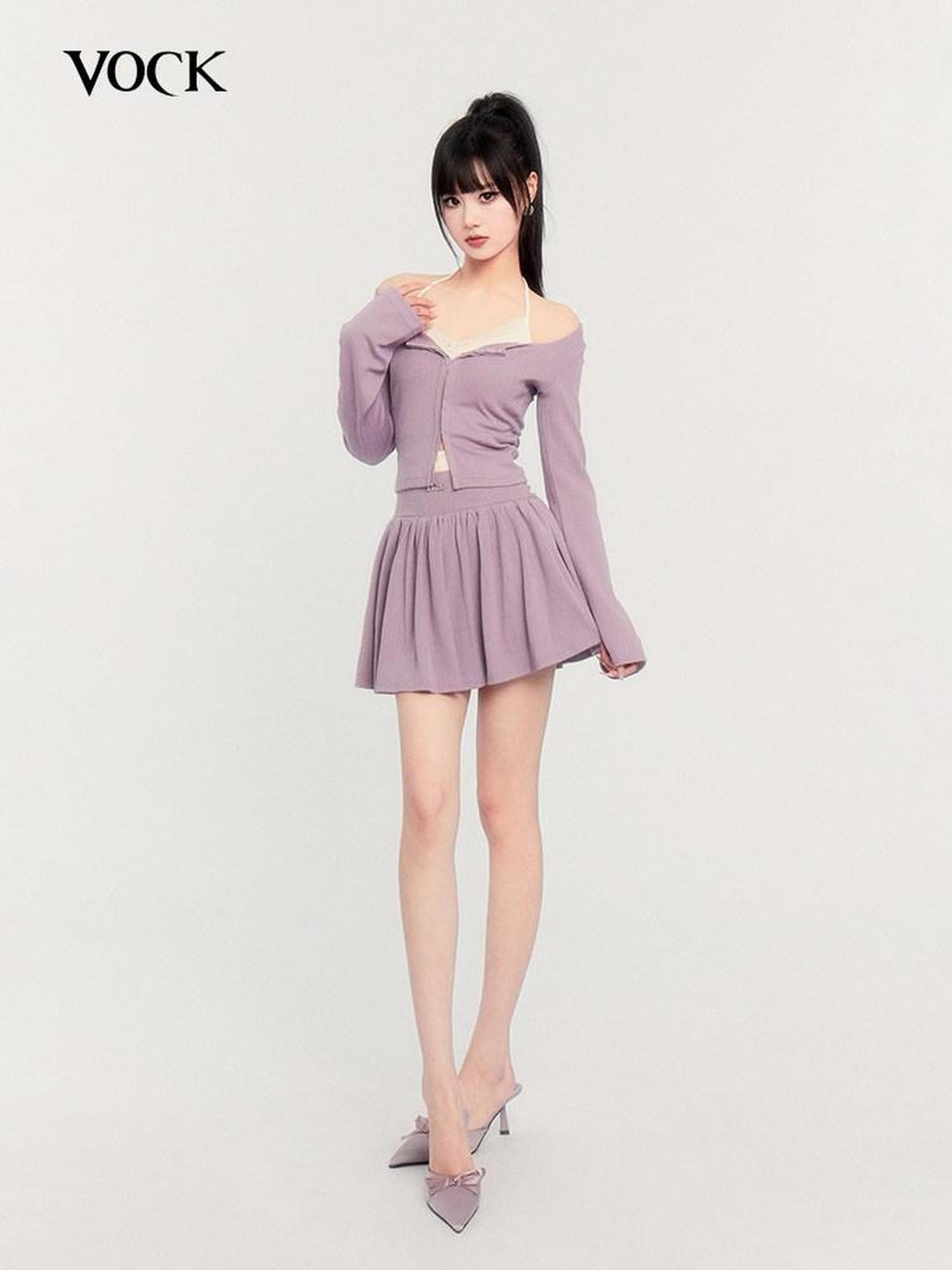 VOCK Lilac Lace Spliced Two Piece Pullover Puff Skirt Women's Matching Skirt Sets