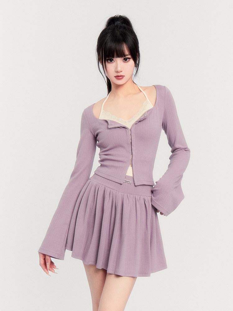 VOCK Lilac Lace Spliced Two Piece Pullover Puff Skirt Women's Matching Skirt Sets