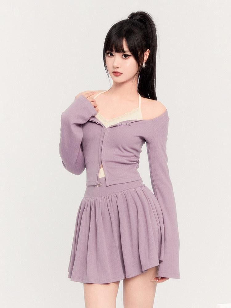 VOCK Lilac Lace Spliced Two Piece Pullover Puff Skirt Women's Matching Skirt Sets