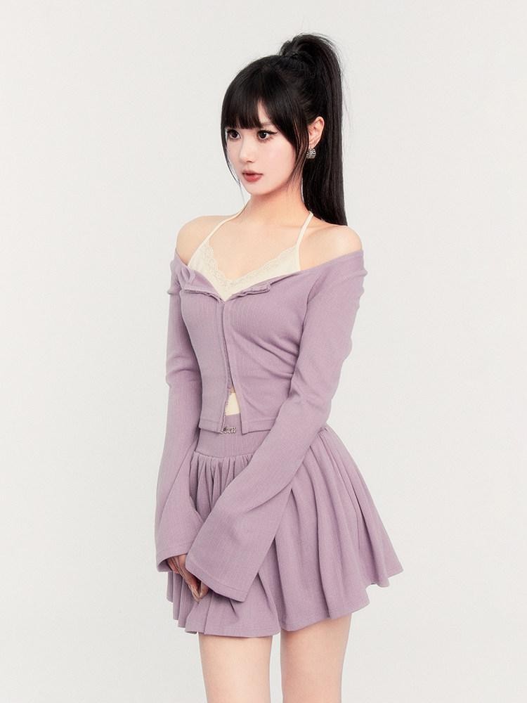 VOCK Lilac Lace Spliced Two Piece Pullover Puff Skirt Women's Matching Skirt Sets