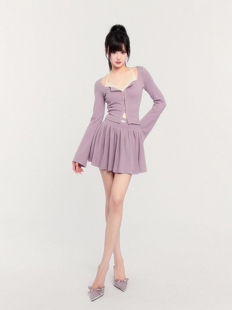 VOCK Lilac Lace Spliced Two Piece Pullover Puff Skirt Women's Matching Skirt Sets