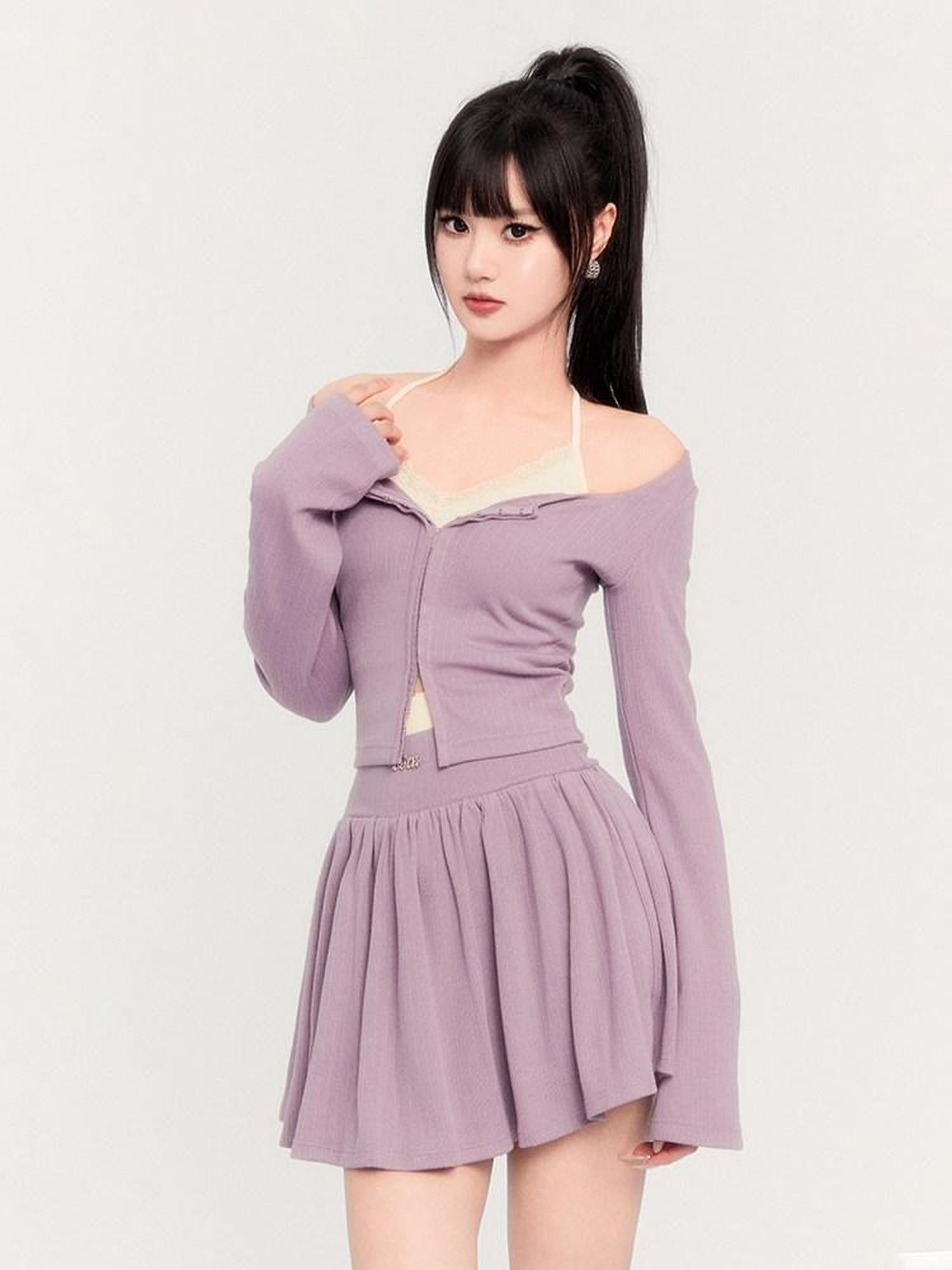 VOCK Lilac Lace Spliced Two Piece Pullover Puff Skirt Women's Matching Skirt Sets