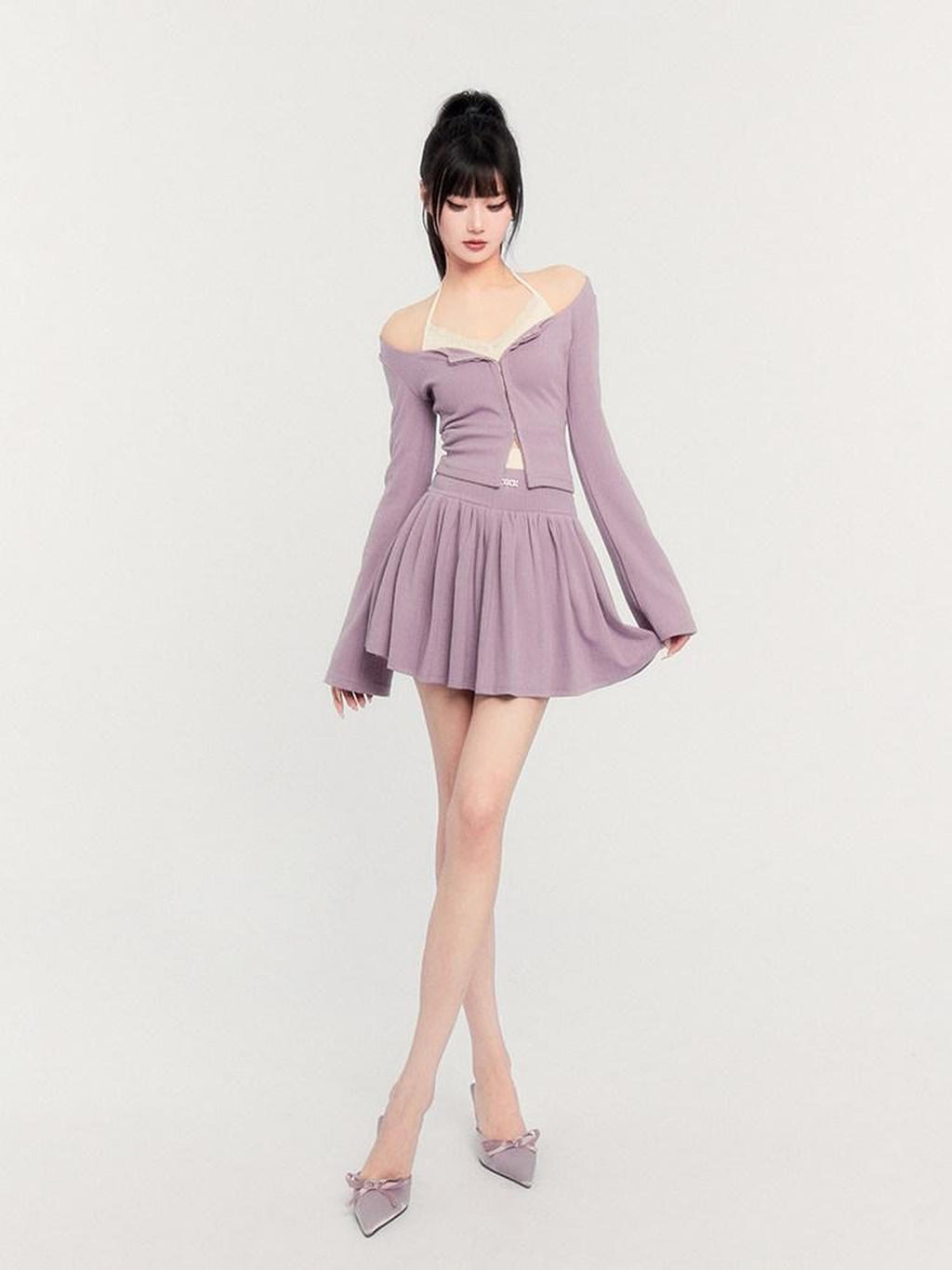 VOCK Lilac Lace Spliced Two Piece Pullover Puff Skirt Women's Matching Skirt Sets