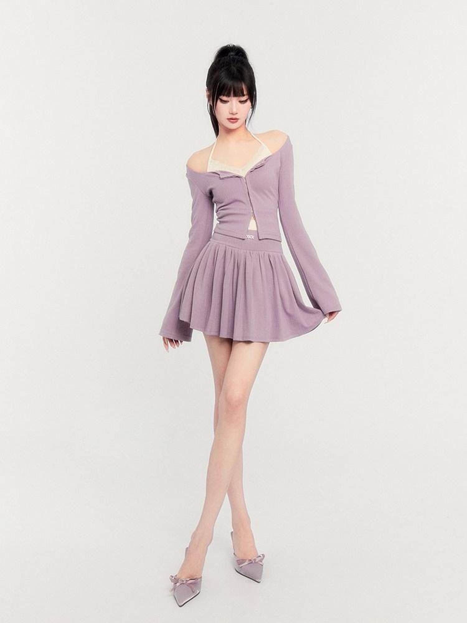 VOCK Lilac Lace Spliced Two Piece Pullover Puff Skirt Women's Matching Skirt Sets