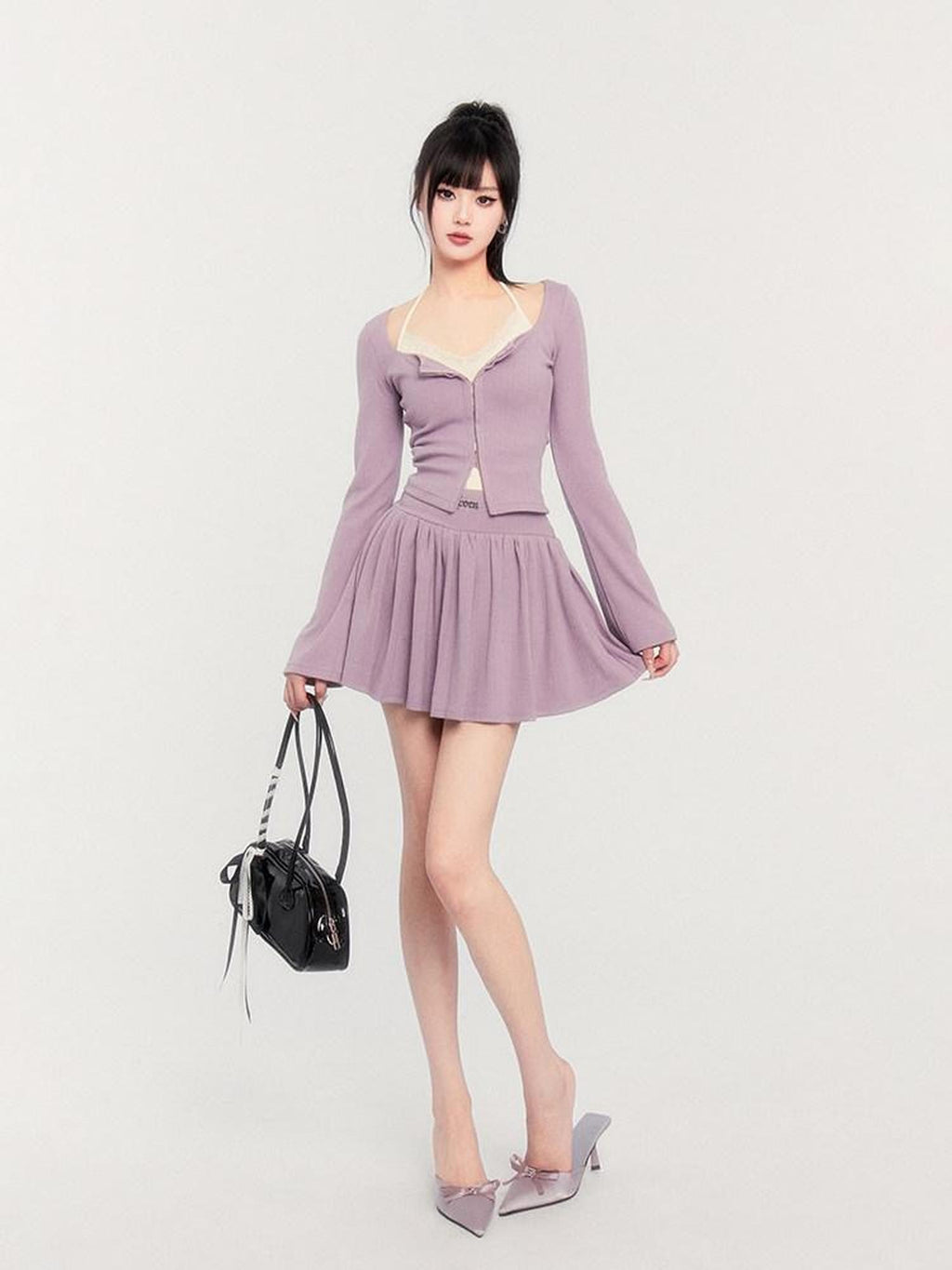 VOCK Lilac Lace Spliced Two Piece Pullover Puff Skirt Women's Matching Skirt Sets