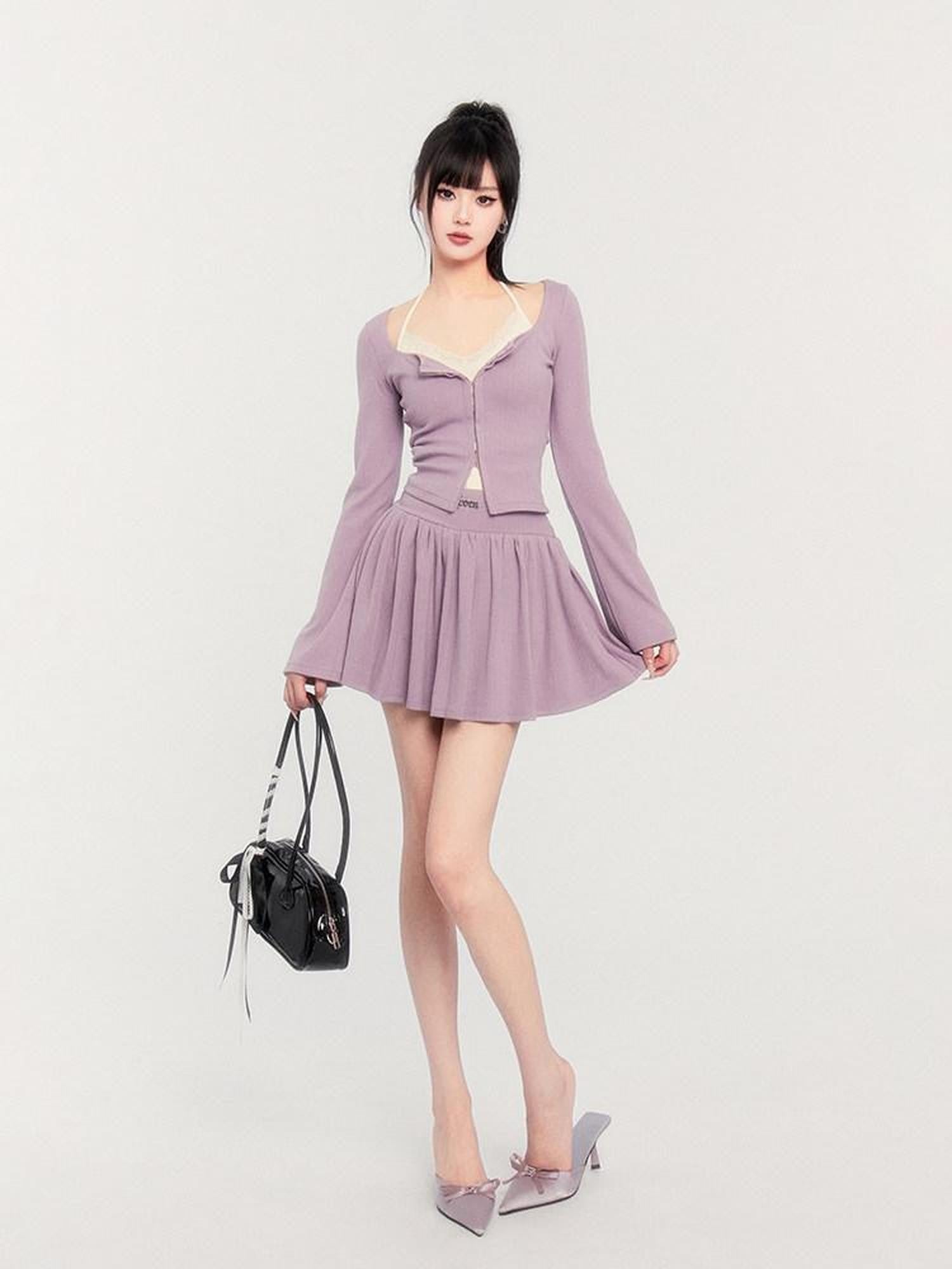 VOCK Lilac Lace Spliced Two Piece Pullover Puff Skirt Women's Matching Skirt Sets