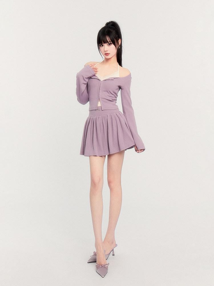 VOCK Lilac Lace Spliced Two Piece Pullover Puff Skirt Women's Matching Skirt Sets