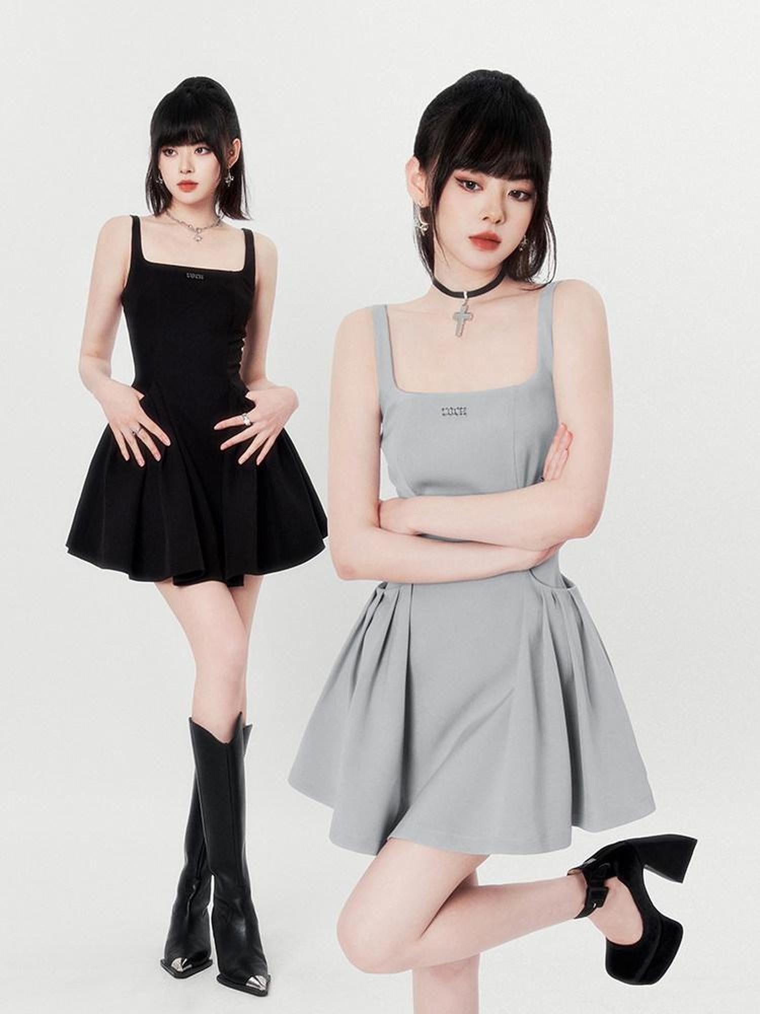 VOCK Little Black Square Neck Backless High Waist Women's Polyester Slip Mini Dresses