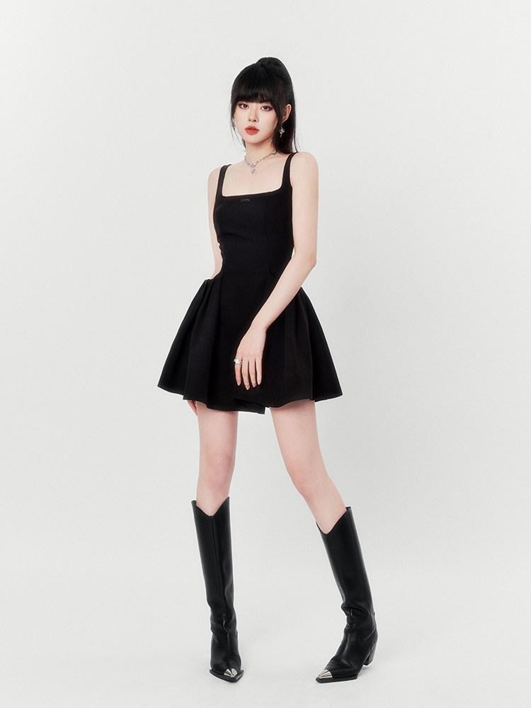 VOCK Little Black Square Neck Backless High Waist Women's Polyester Slip Mini Dresses
