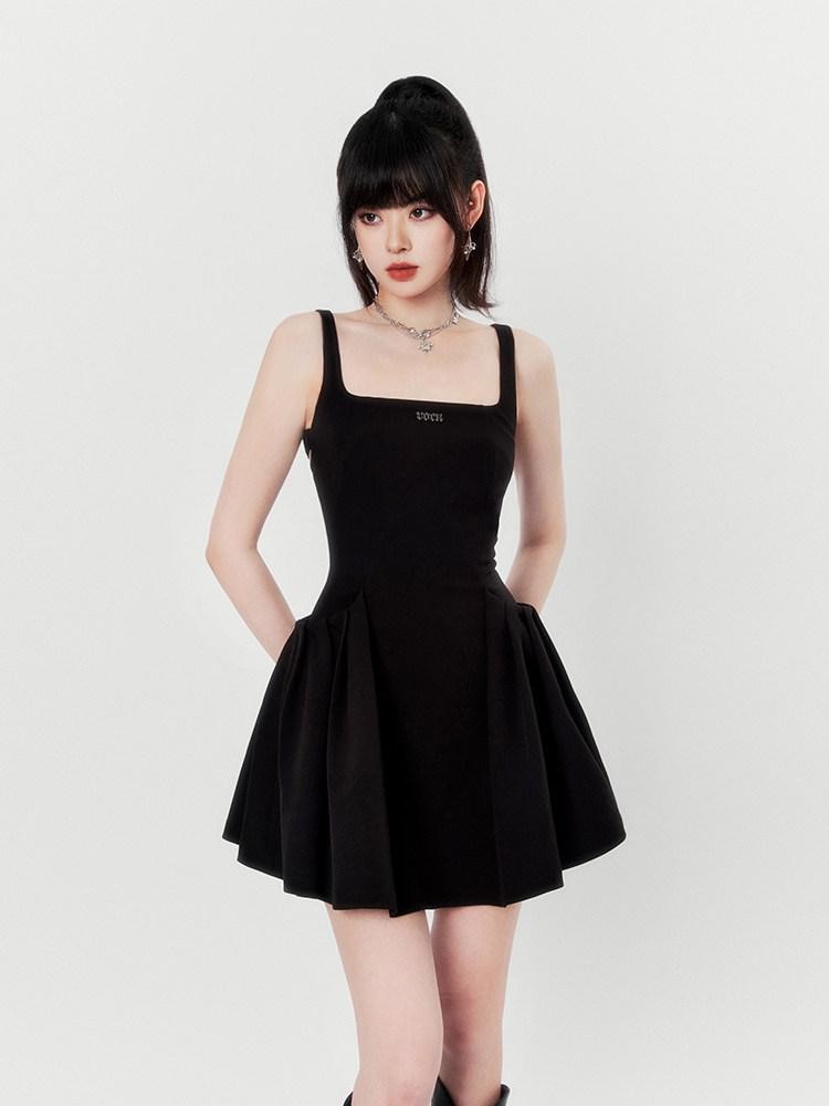 VOCK Little Black Square Neck Backless High Waist Women's Polyester Slip Mini Dresses