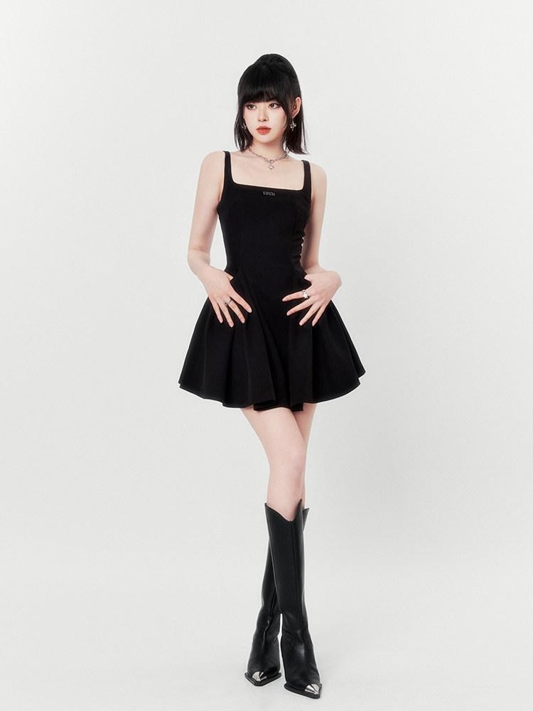 VOCK Little Black Square Neck Backless High Waist Women's Polyester Slip Mini Dresses