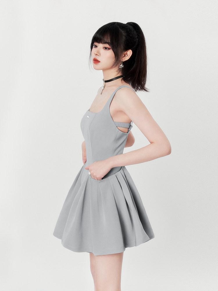 VOCK Little Black Square Neck Backless High Waist Women's Polyester Slip Mini Dresses