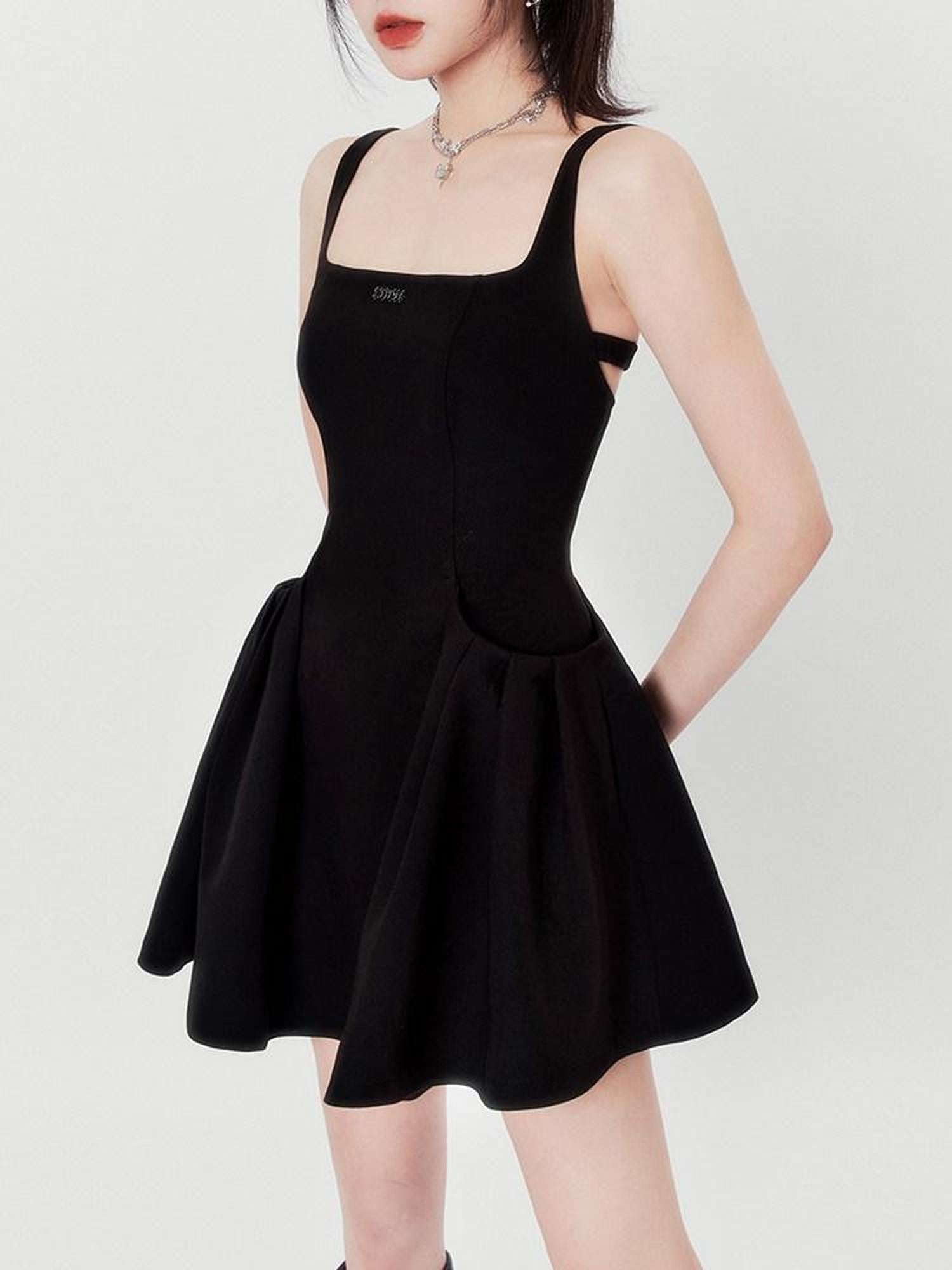 VOCK Little Black Square Neck Backless High Waist Women's Polyester Slip Mini Dresses