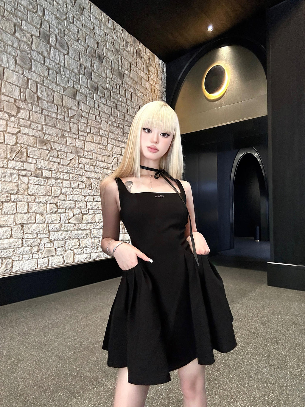 VOCK Little Black Square Neck Backless High Waist Women's Polyester Slip Mini Dresses
