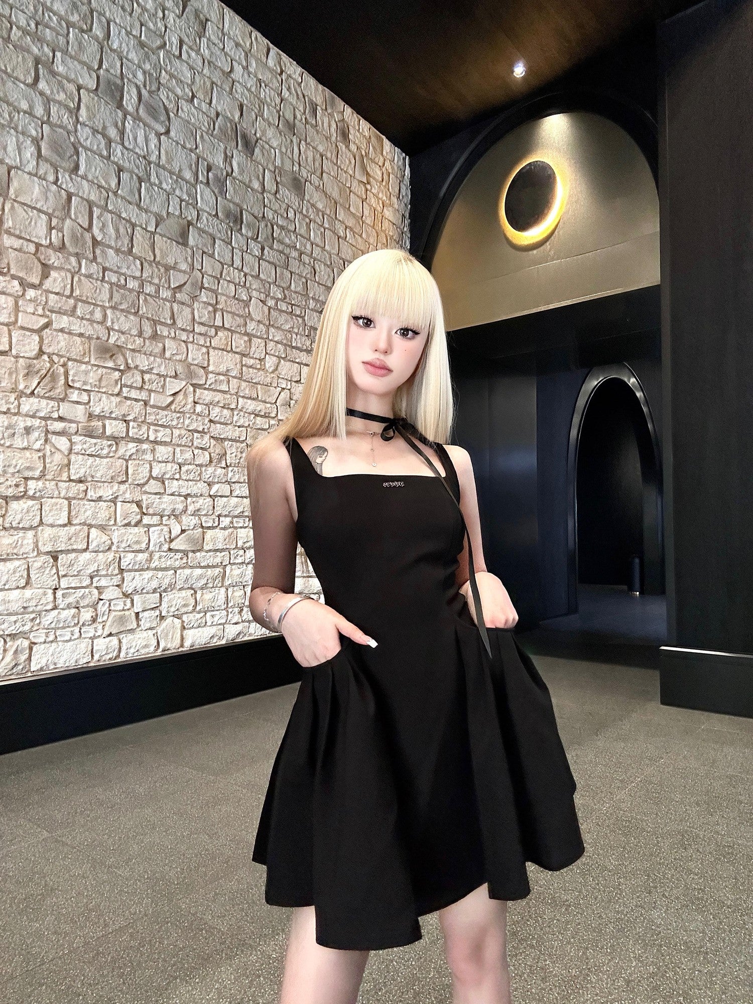 VOCK Little Black Square Neck Backless High Waist Women's Polyester Slip Mini Dresses