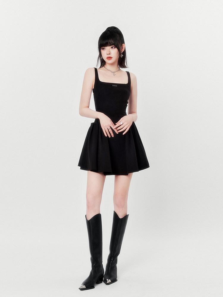 VOCK Little Black Square Neck Backless High Waist Women's Polyester Slip Mini Dresses