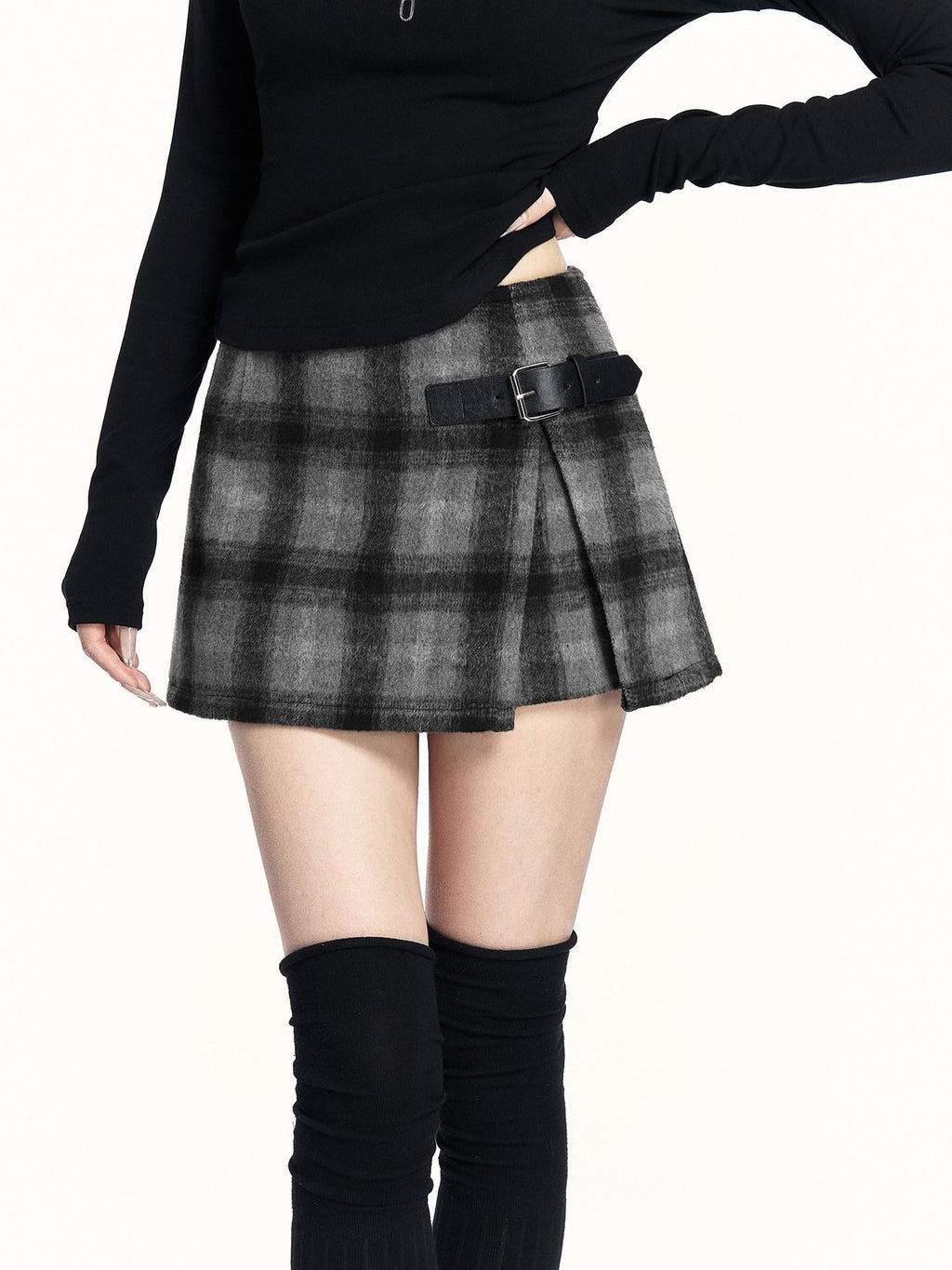 VOCK London Mist Plaid Woolen Slim Waist Front Slit Women's Polyester A-line Skirts
