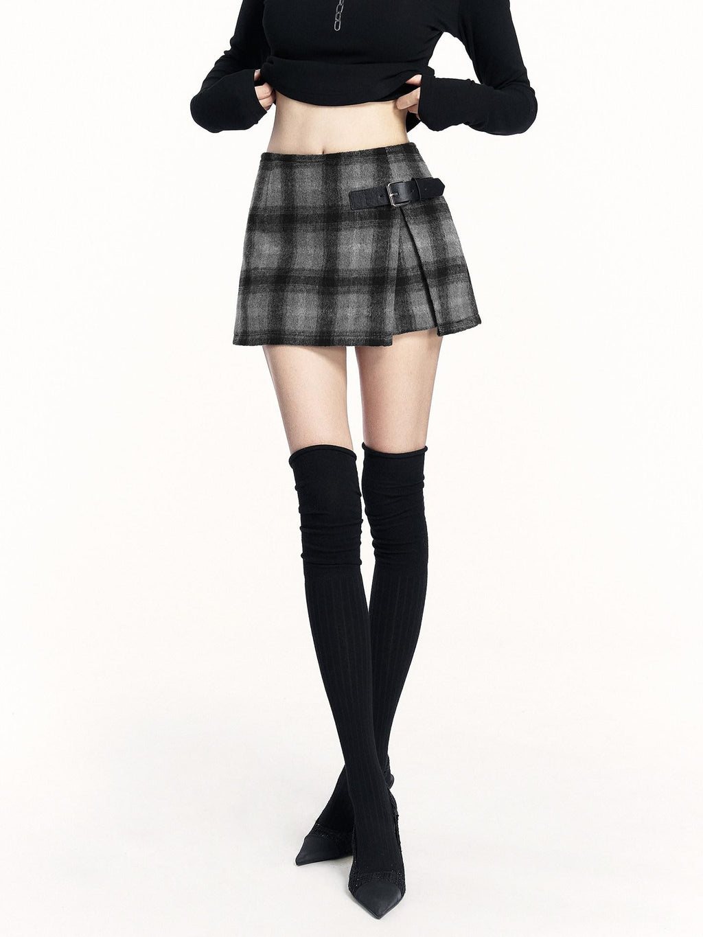 VOCK London Mist Plaid Woolen Slim Waist Front Slit Women's Polyester A-line Skirts