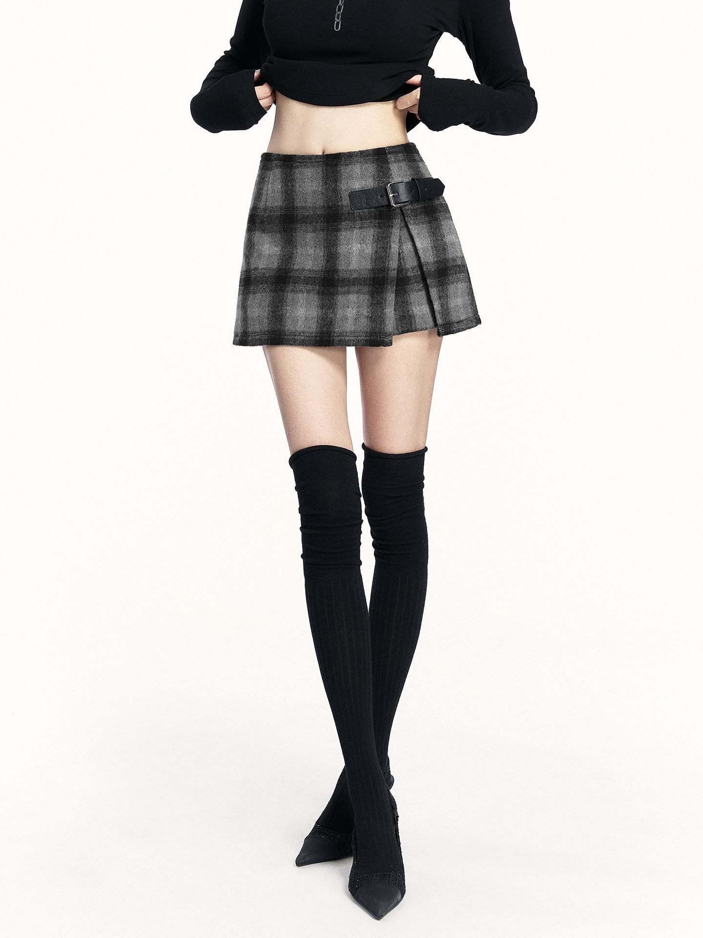 VOCK London Mist Plaid Woolen Slim Waist Front Slit Women's Polyester A-line Skirts