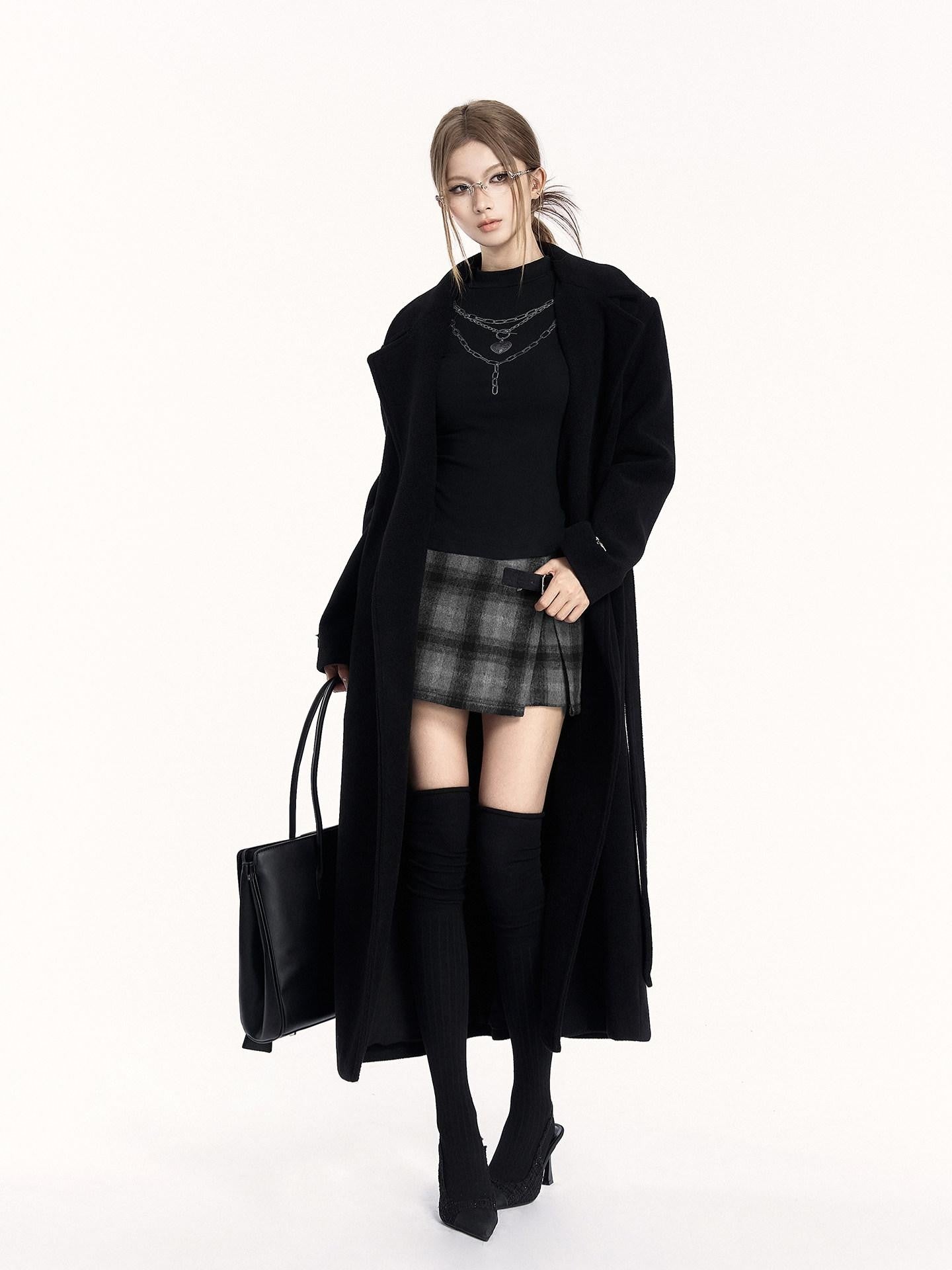 VOCK London Mist Plaid Woolen Slim Waist Front Slit Women's Polyester A-line Skirts