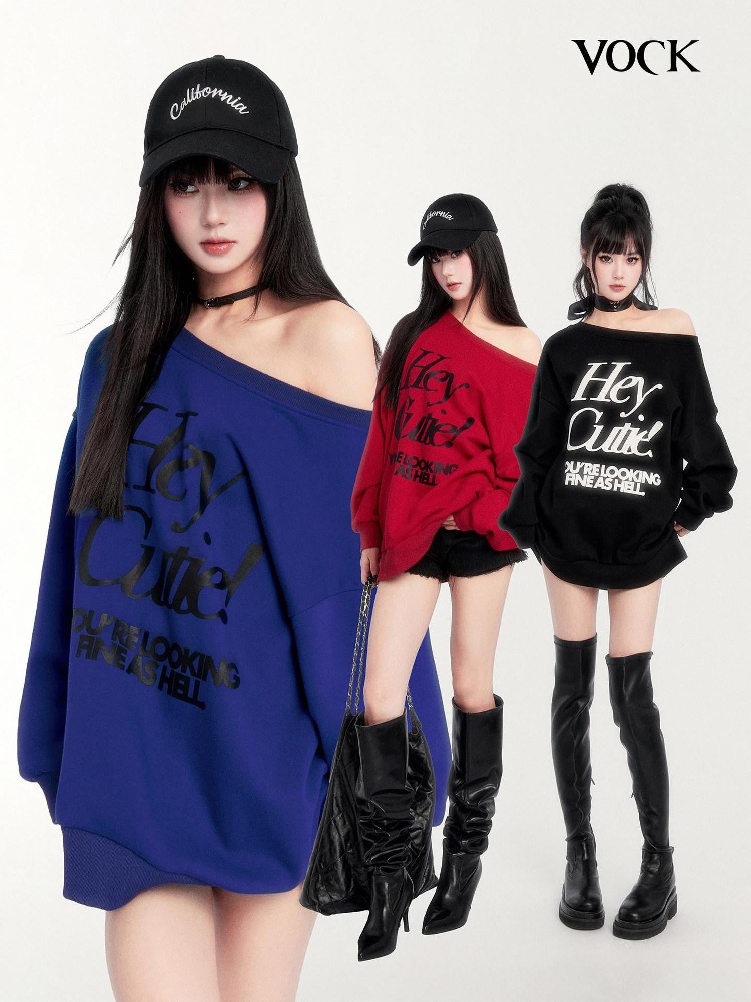 VOCK Loose Fleece Printed Off Shoulder Women's Polyester Cotton Long Sleeve T-shirts