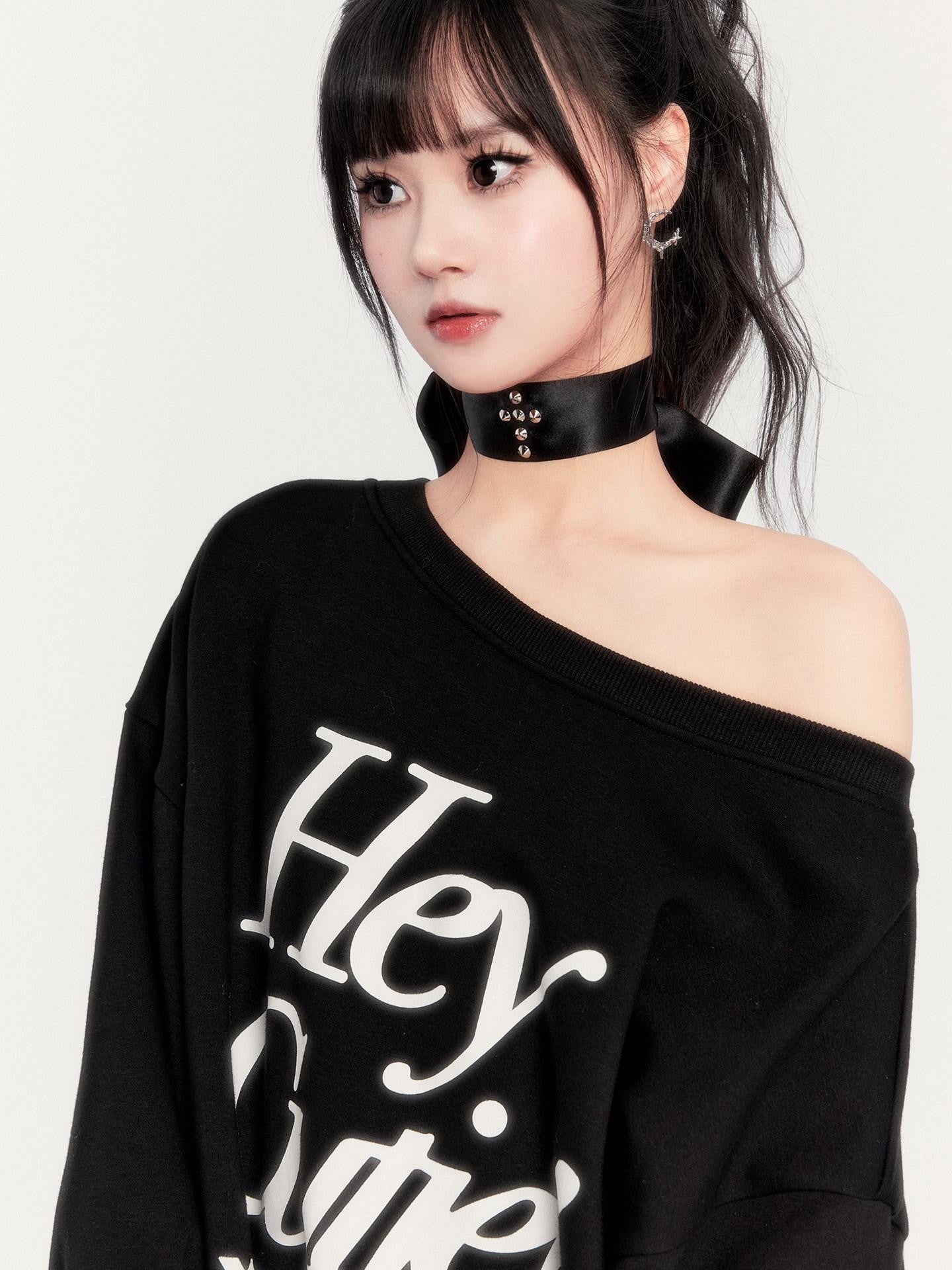 VOCK Loose Fleece Printed Off Shoulder Women's Polyester Cotton Long Sleeve T-shirts