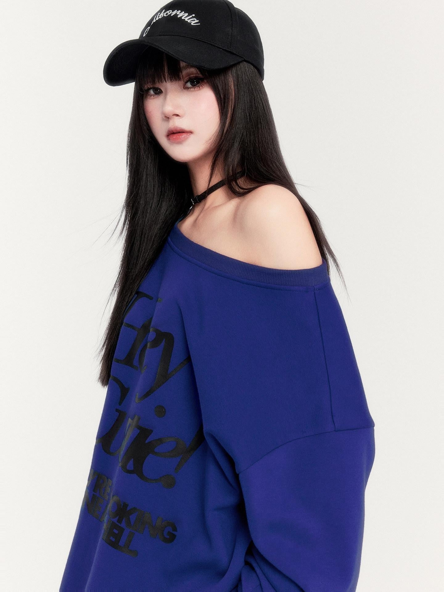 VOCK Loose Fleece Printed Off Shoulder Women's Polyester Cotton Long Sleeve T-shirts
